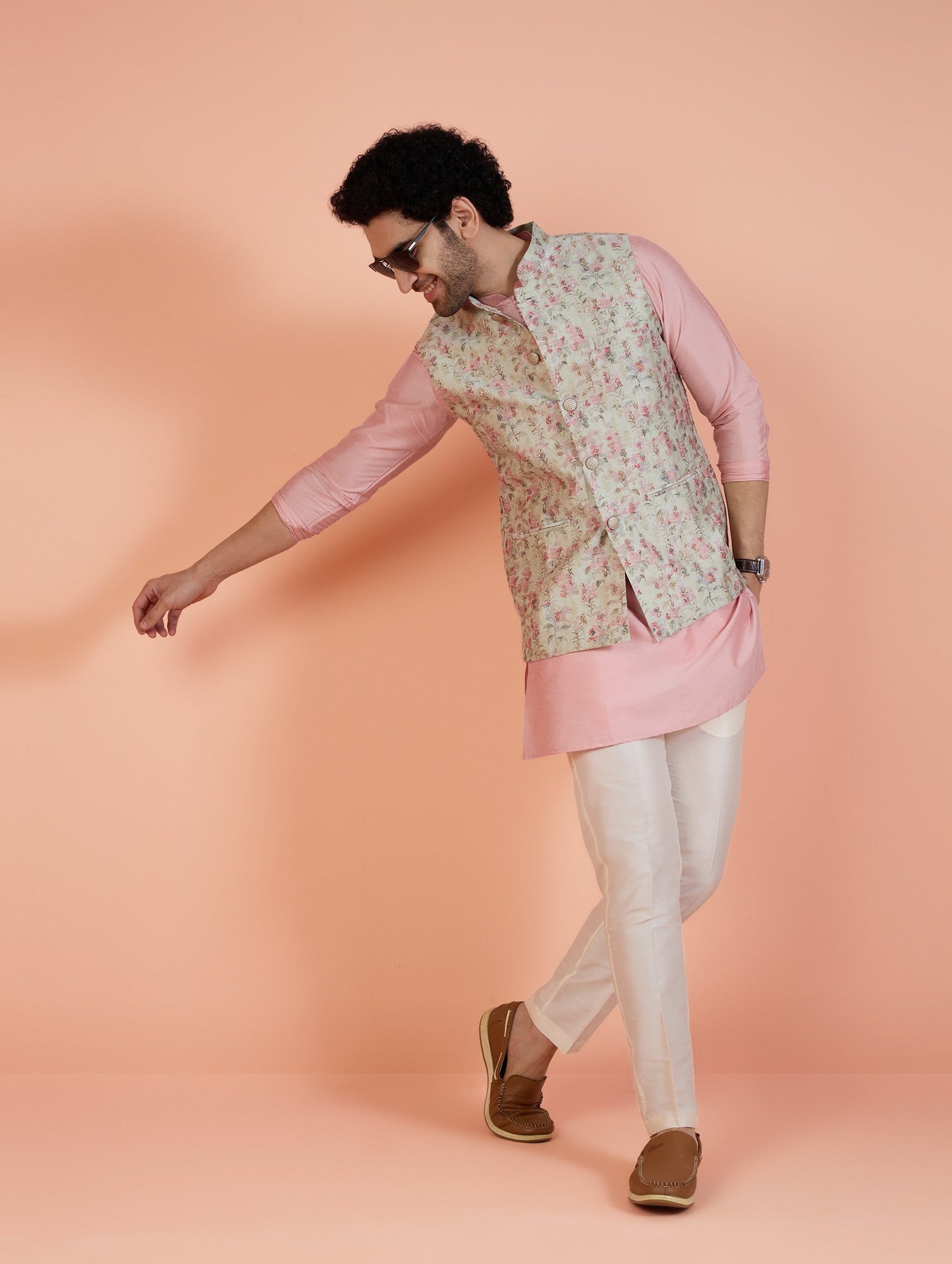 Men Multi Jacquard Kurta Nehru Jacket Trouser Set with Ethnic Motifs