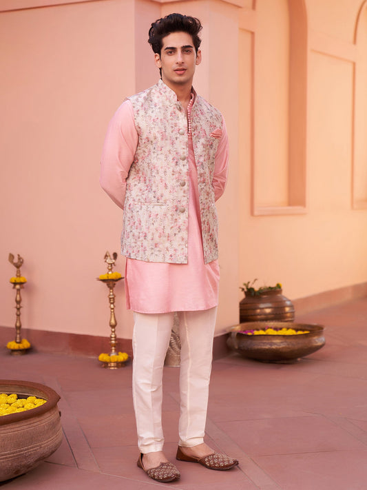 Men Multi Jacquard Kurta Nehru Jacket Trouser Set with Ethnic Motifs