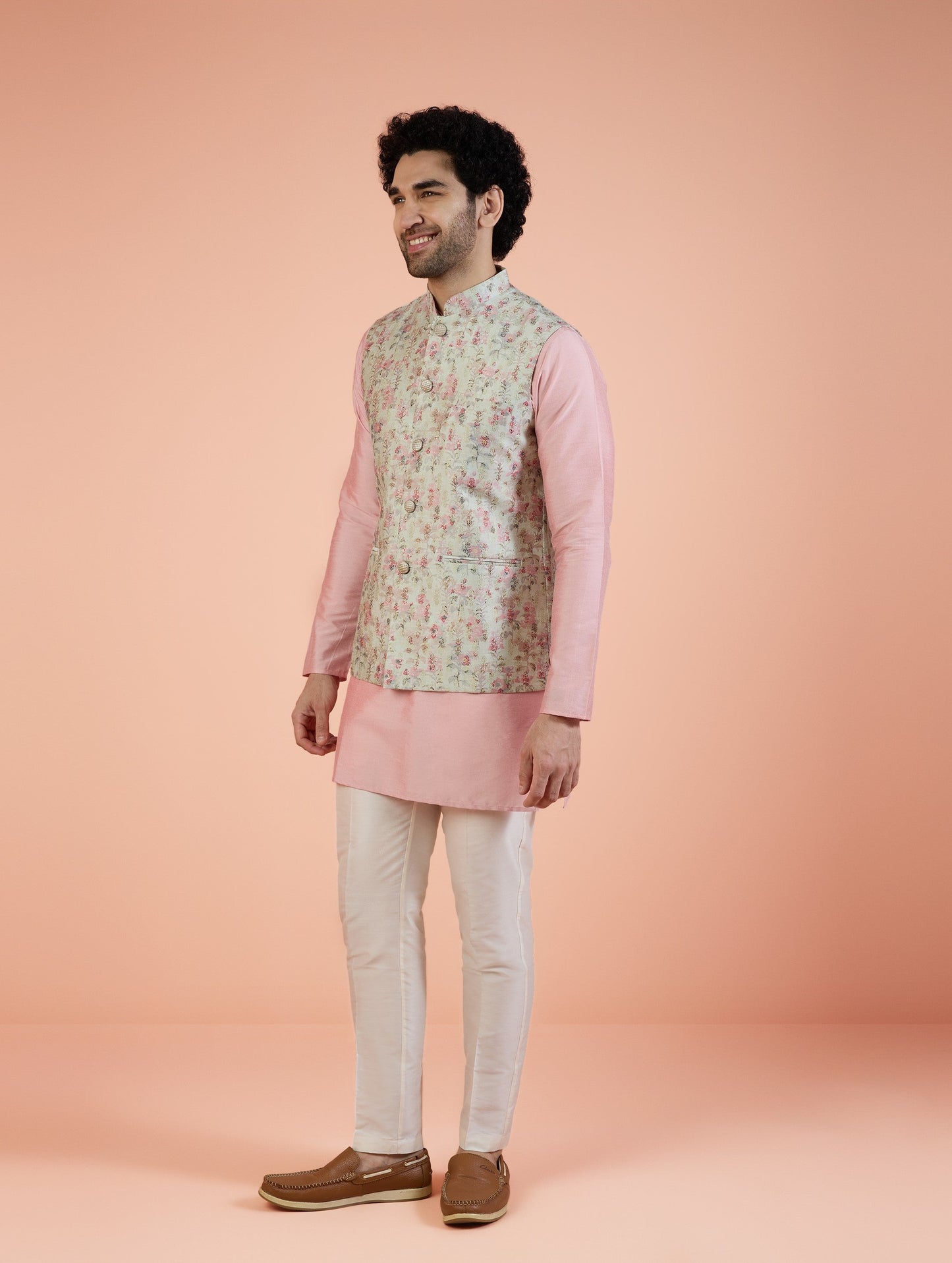 Men Multi Jacquard Kurta Nehru Jacket Trouser Set with Ethnic Motifs