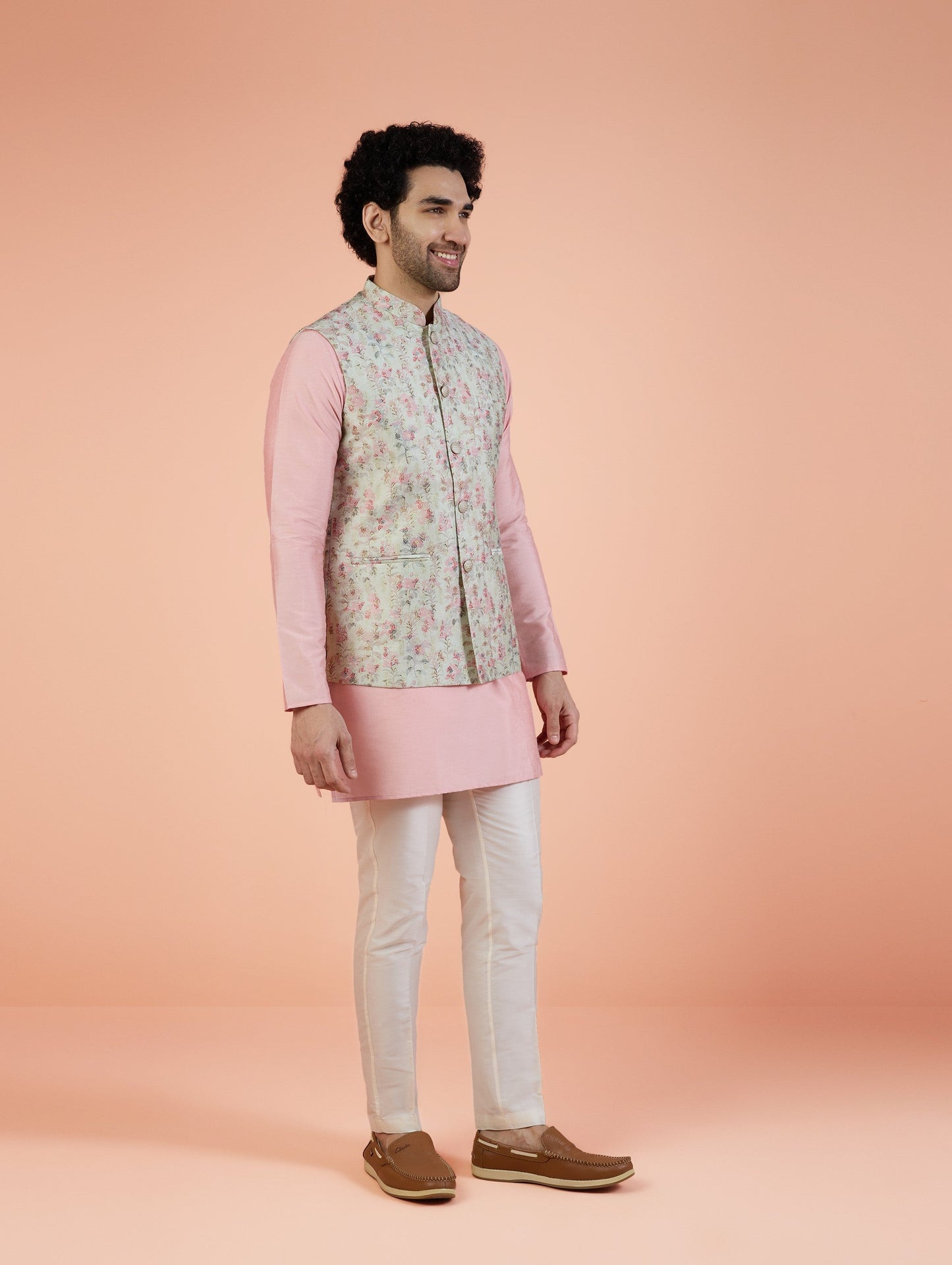 Men Multi Jacquard Kurta Nehru Jacket Trouser Set with Ethnic Motifs