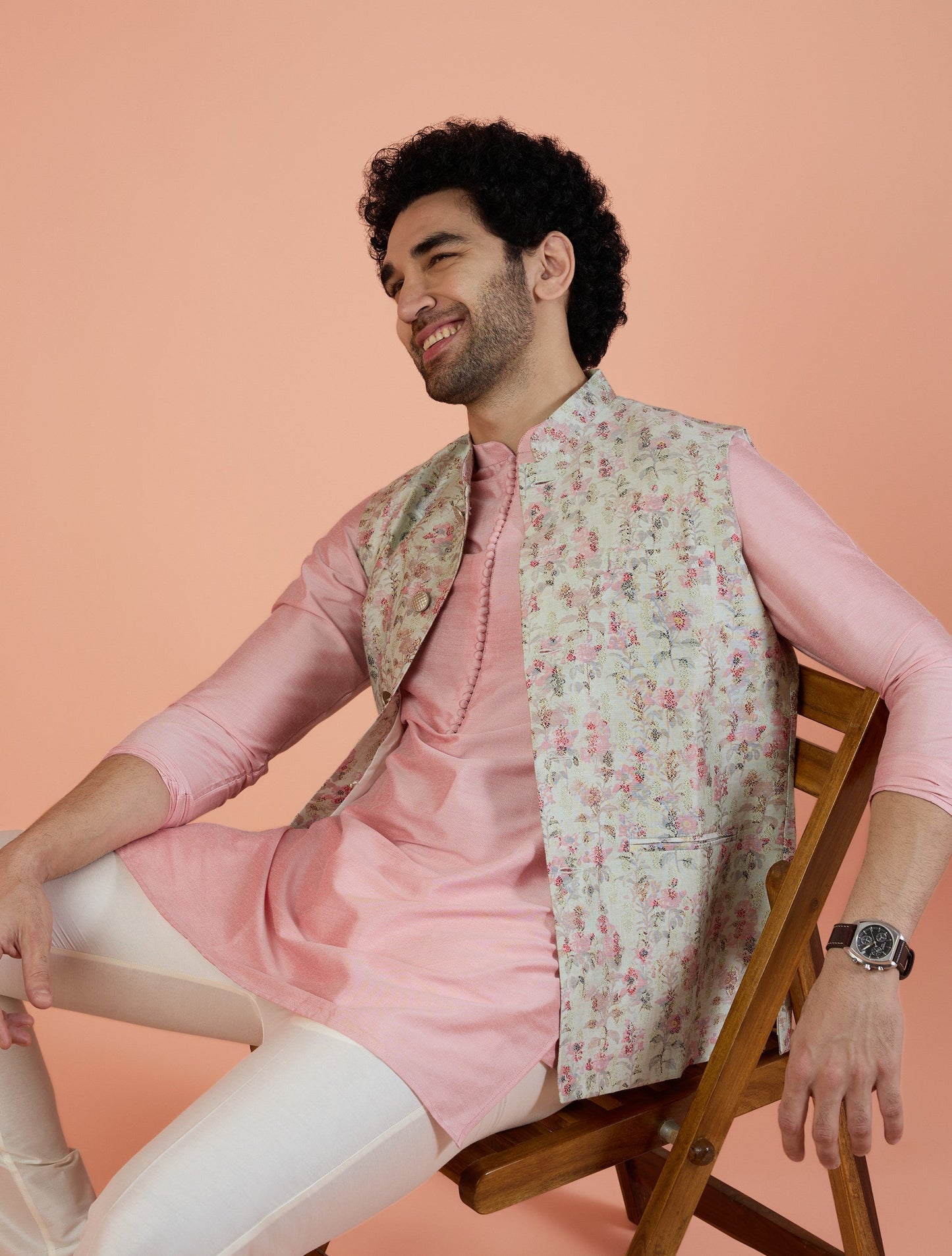 Men Multi Jacquard Kurta Nehru Jacket Trouser Set with Ethnic Motifs