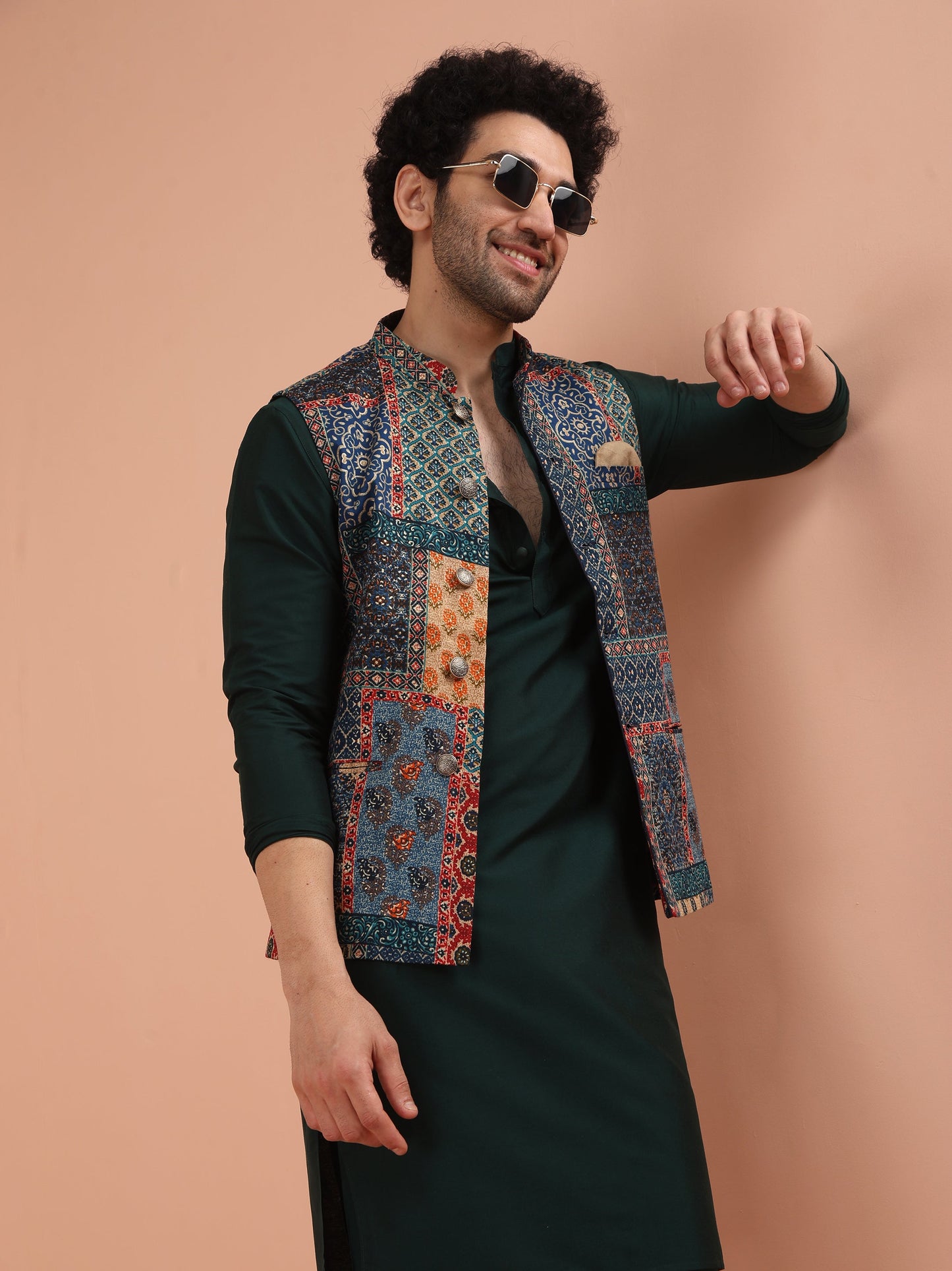 Men Multi Printed Kurta Jacket Churidar Set with Abstract