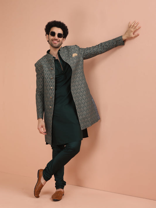 Men Grey Jacquard Kurta Indowestern Churidar Set with Floral