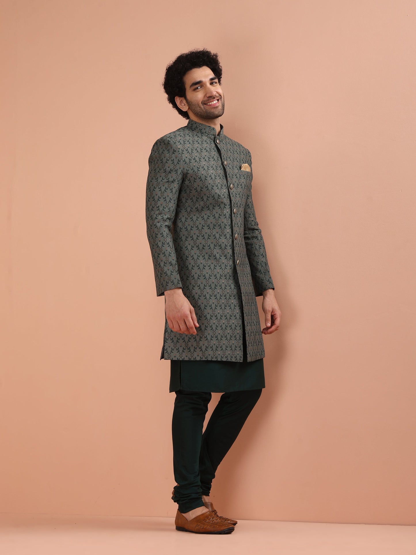 Men Grey Jacquard Kurta Indowestern Churidar Set with Floral