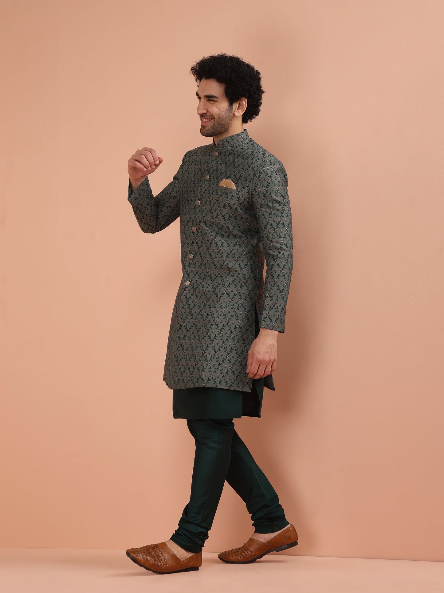 Men Grey Jacquard Kurta Indowestern Churidar Set with Floral