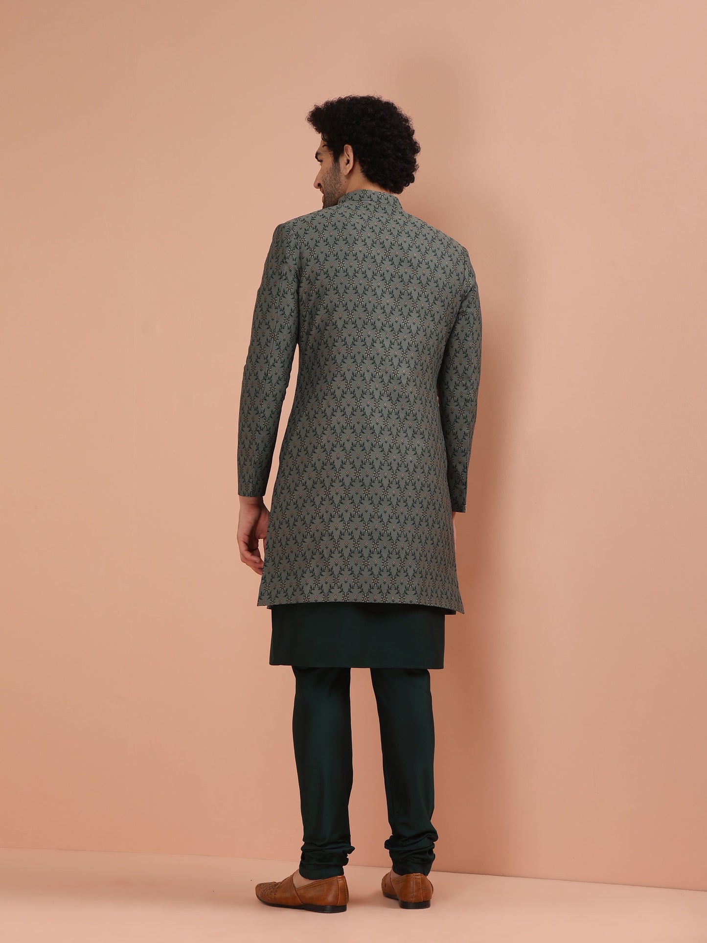 Men Grey Jacquard Kurta Indowestern Churidar Set with Floral