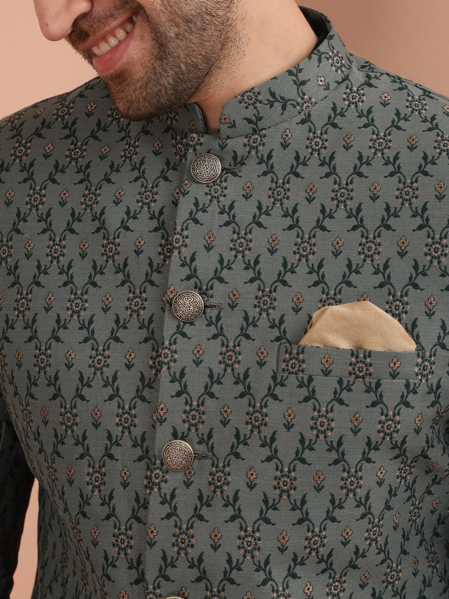 Men Grey Jacquard Kurta Indowestern Churidar Set with Floral