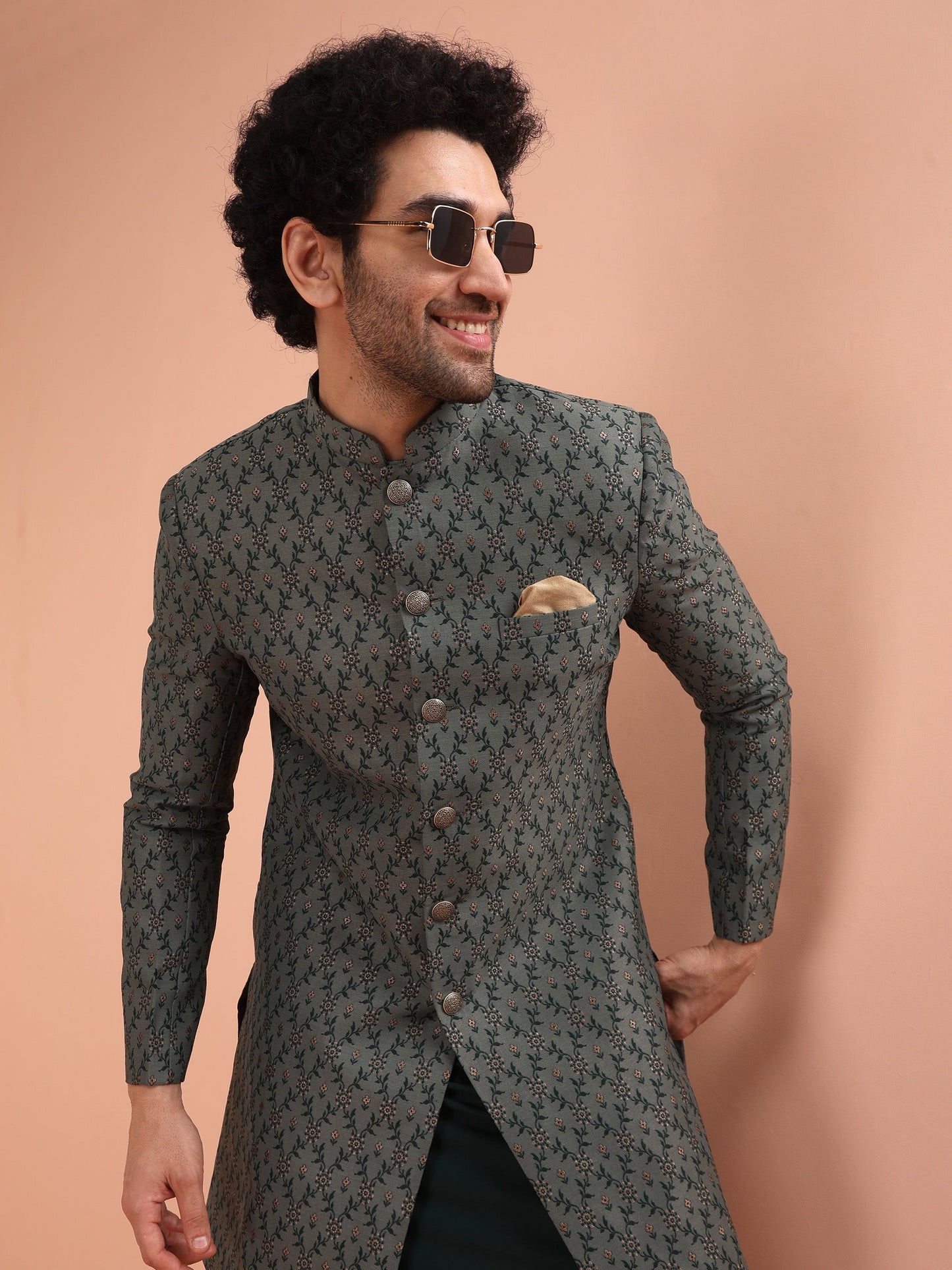 Men Grey Jacquard Kurta Indowestern Churidar Set with Floral