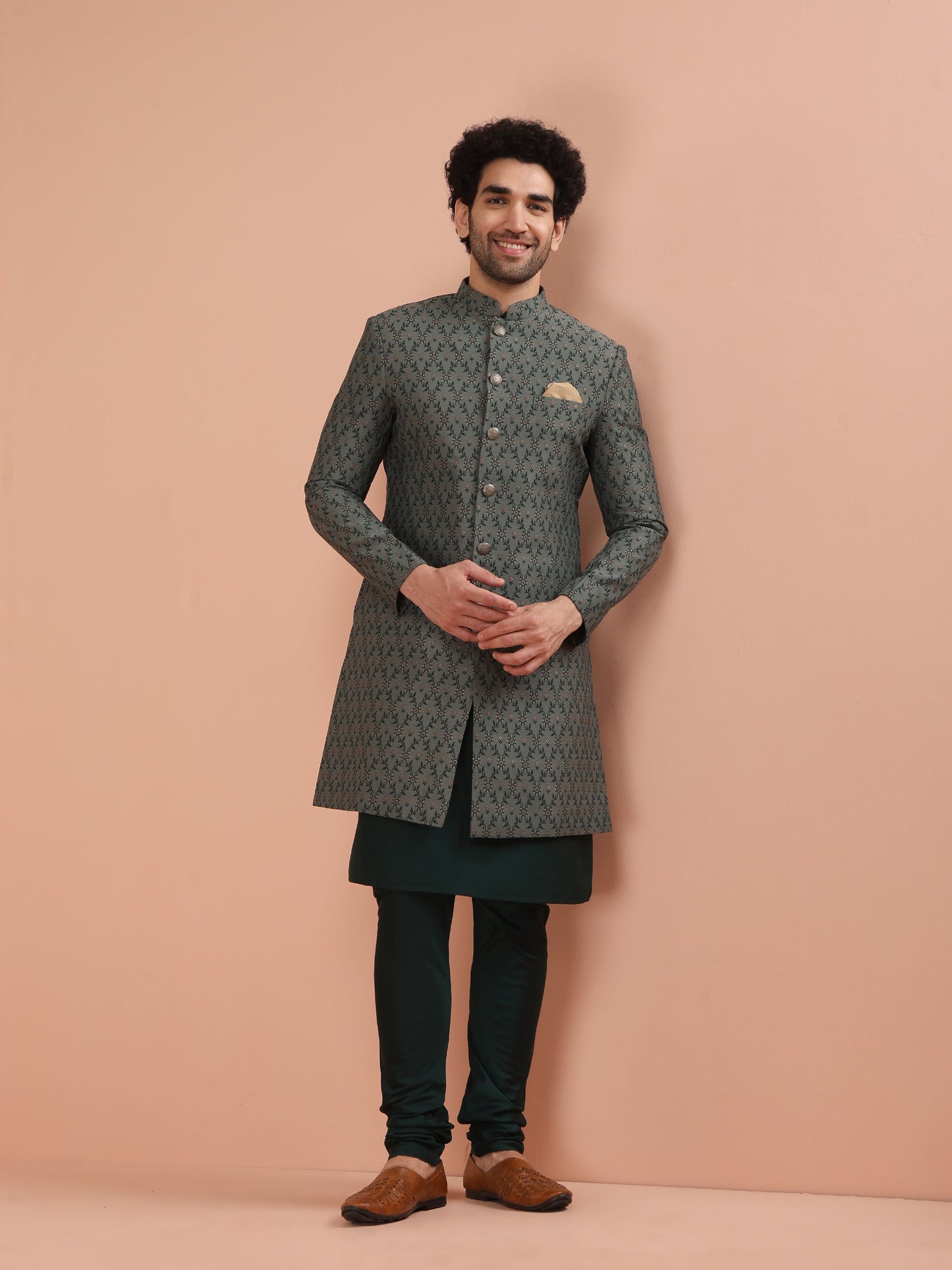 Men Grey Jacquard Kurta Indowestern Churidar Set with Floral