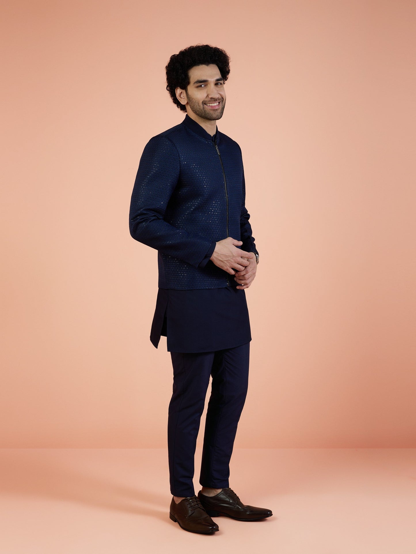 Men Navy Blue Woven Design Kurta Bomber Jacket Trouser Set with Sequence