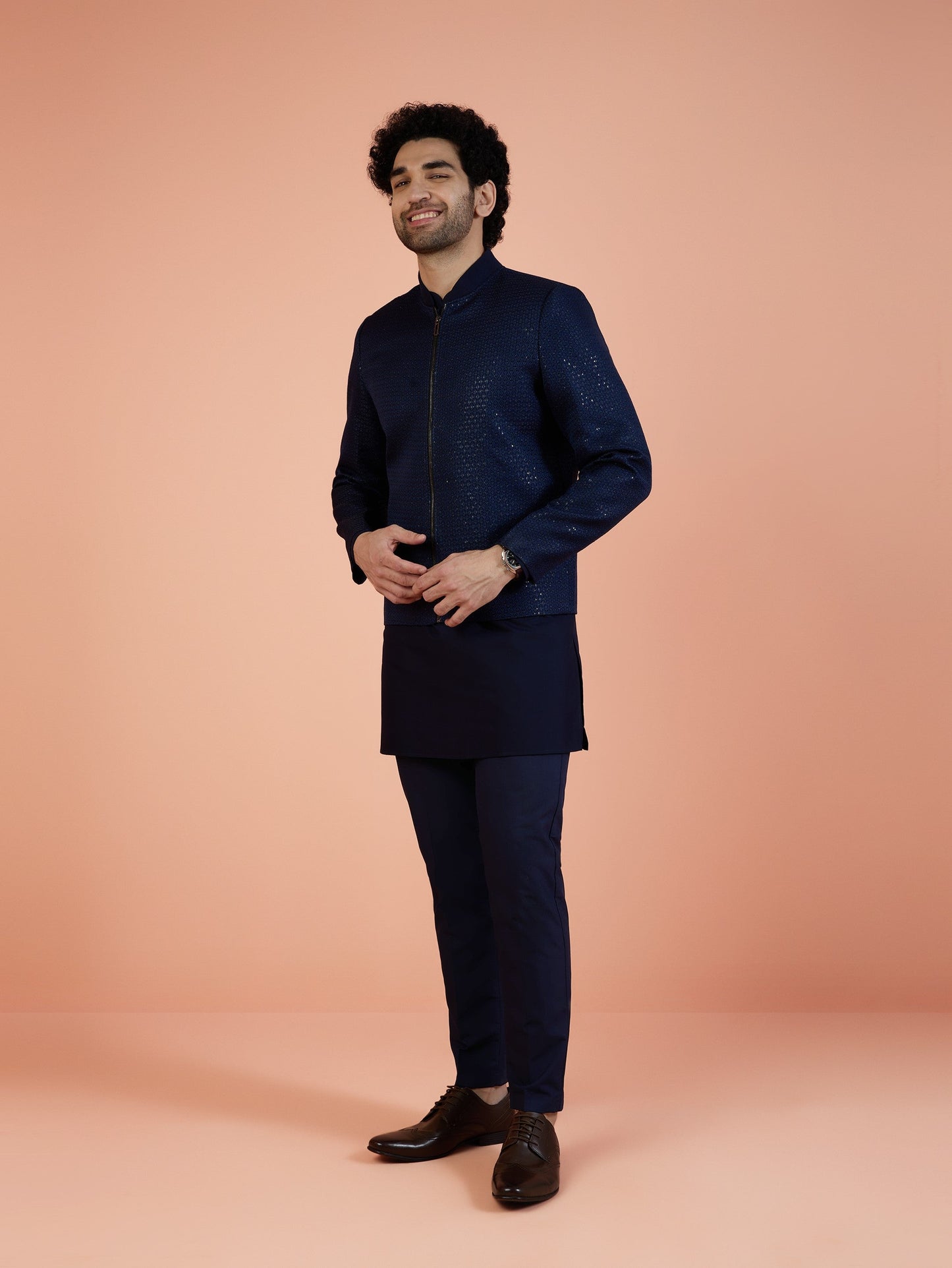 Men Navy Blue Woven Design Kurta Bomber Jacket Trouser Set with Sequence