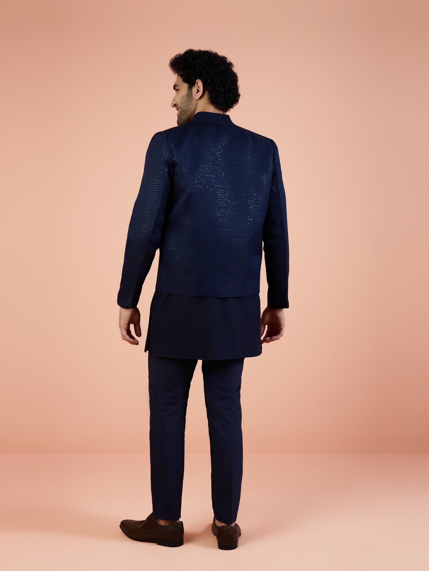 Men Navy Blue Woven Design Kurta Bomber Jacket Trouser Set with Sequence