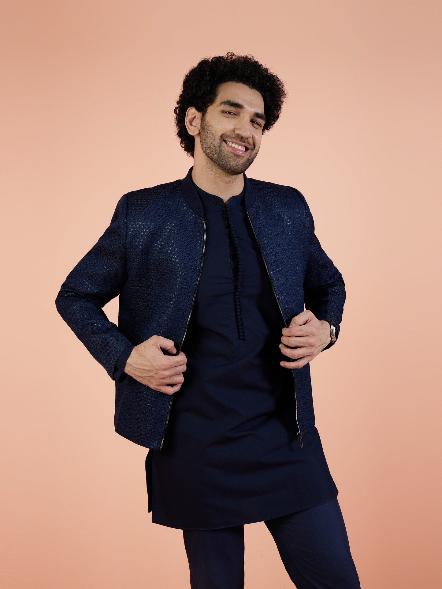 Men Navy Blue Woven Design Kurta Bomber Jacket Trouser Set with Sequence