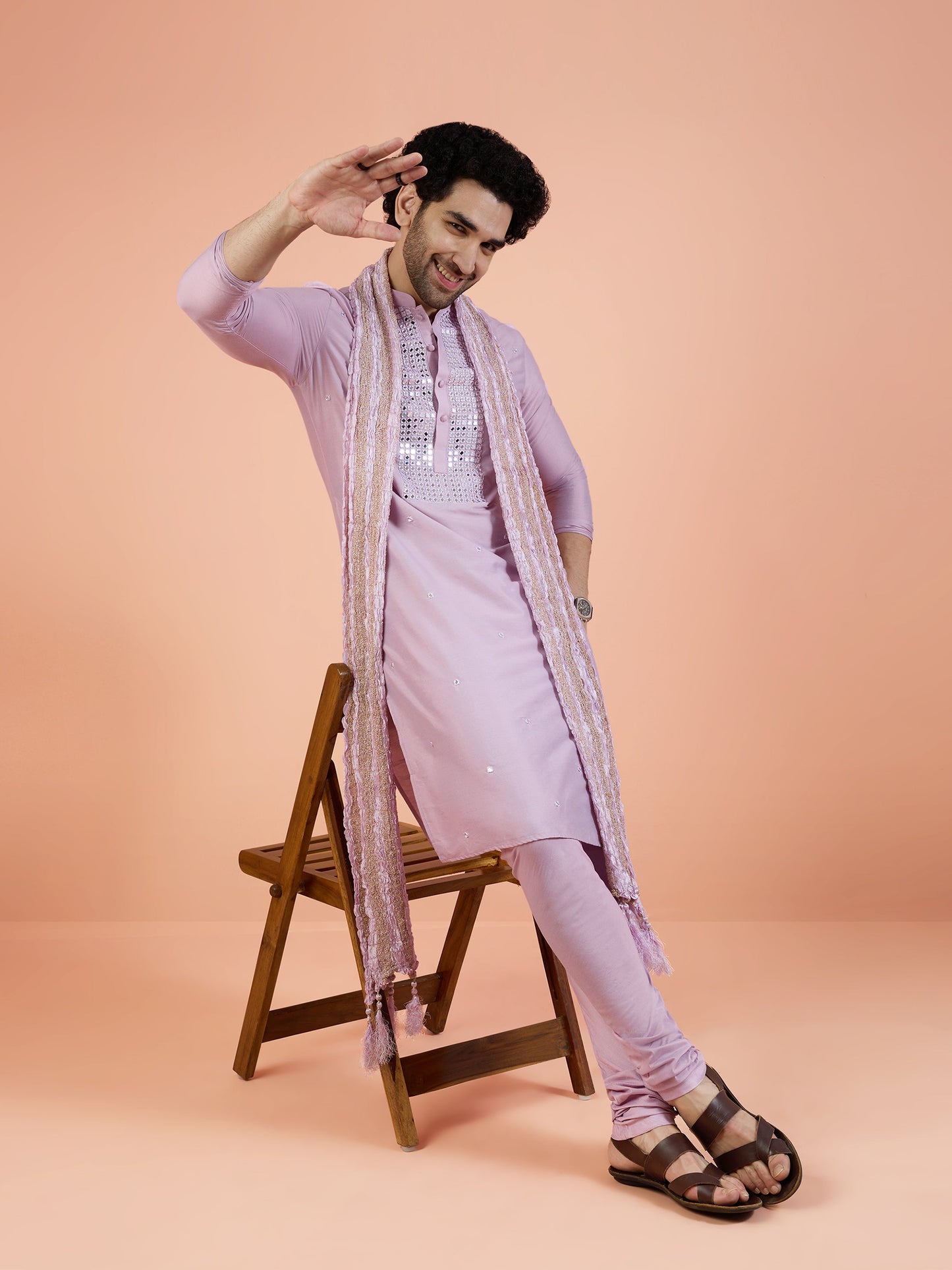 Men Onion Pink Embellished Kurta Churidar Dupatta Set with Mirror work