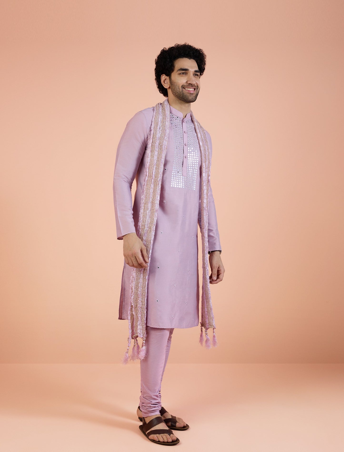 Men Onion Pink Embellished Kurta Churidar Dupatta Set with Mirror work