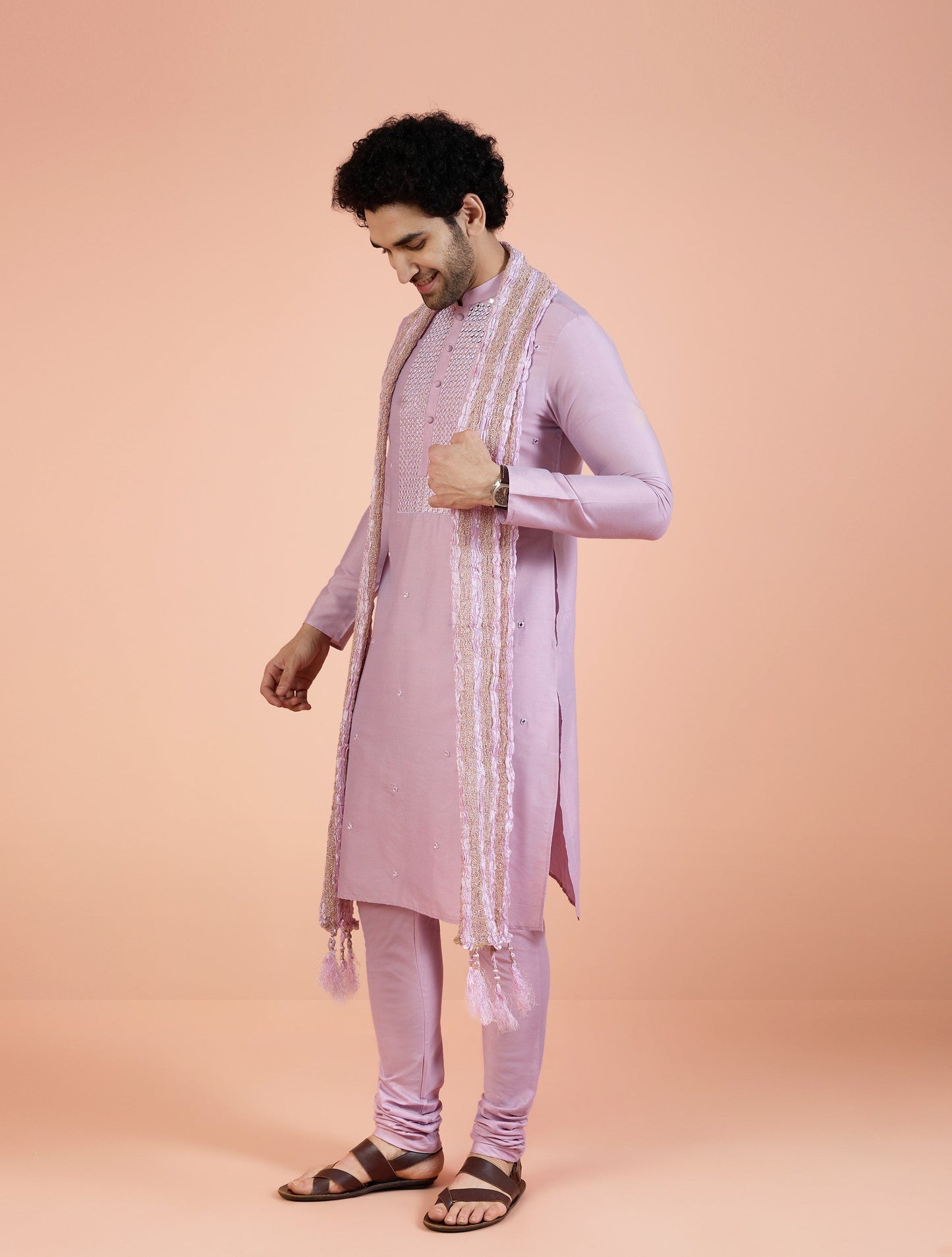 Men Onion Pink Embellished Kurta Churidar Dupatta Set with Mirror work