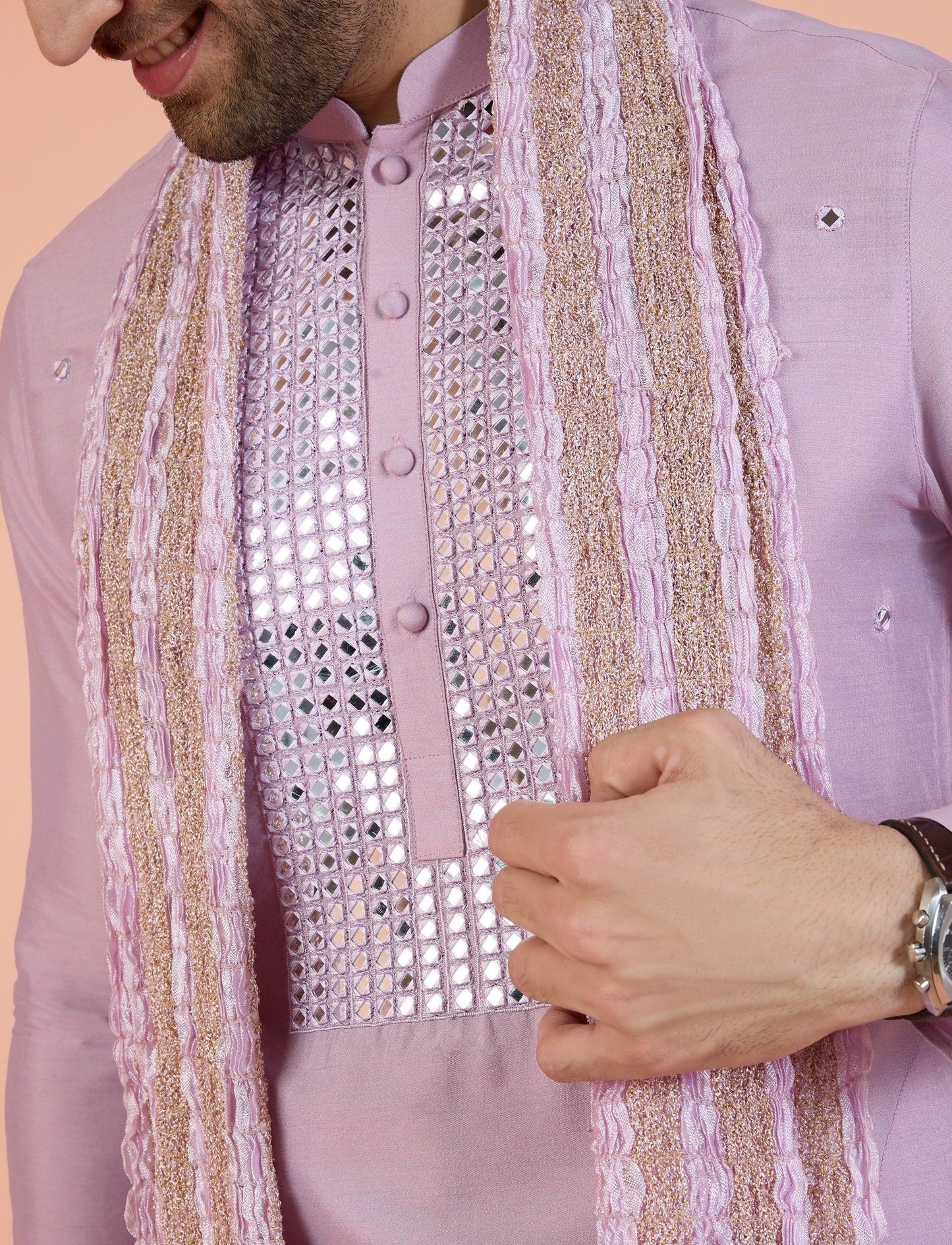 Men Onion Pink Embellished Kurta Churidar Dupatta Set with Mirror work