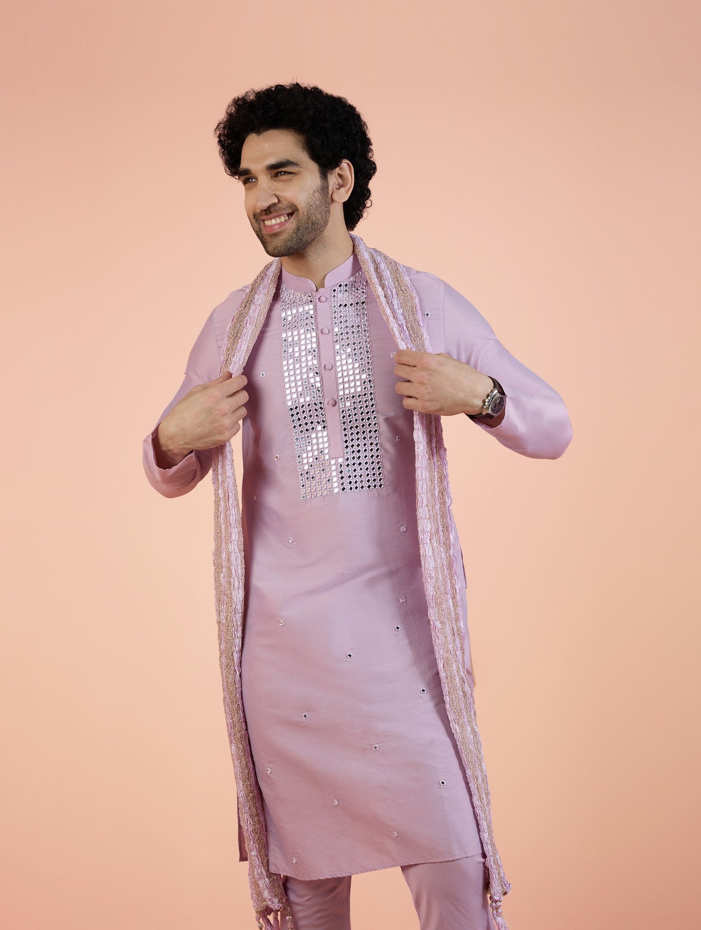 Men Onion Pink Embellished Kurta Churidar Dupatta Set with Mirror work