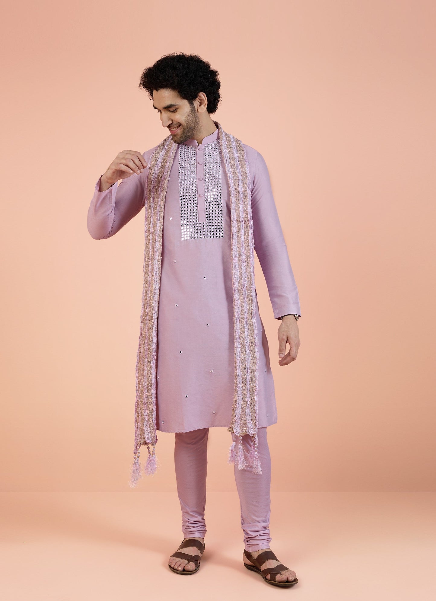 Men Onion Pink Embellished Kurta Churidar Dupatta Set with Mirror work