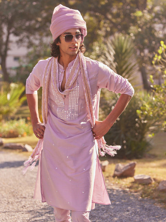 Men Onion Pink Embellished Kurta Churidar Dupatta Set with Mirror work