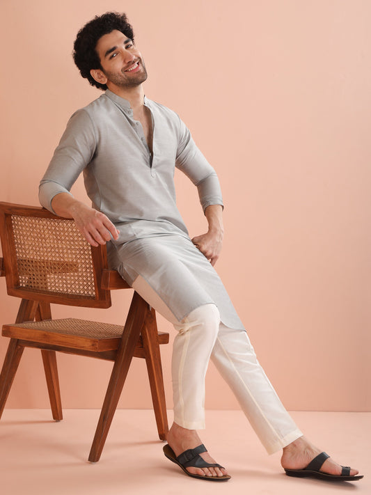 Men Grey Solid Kurta Trouser Set