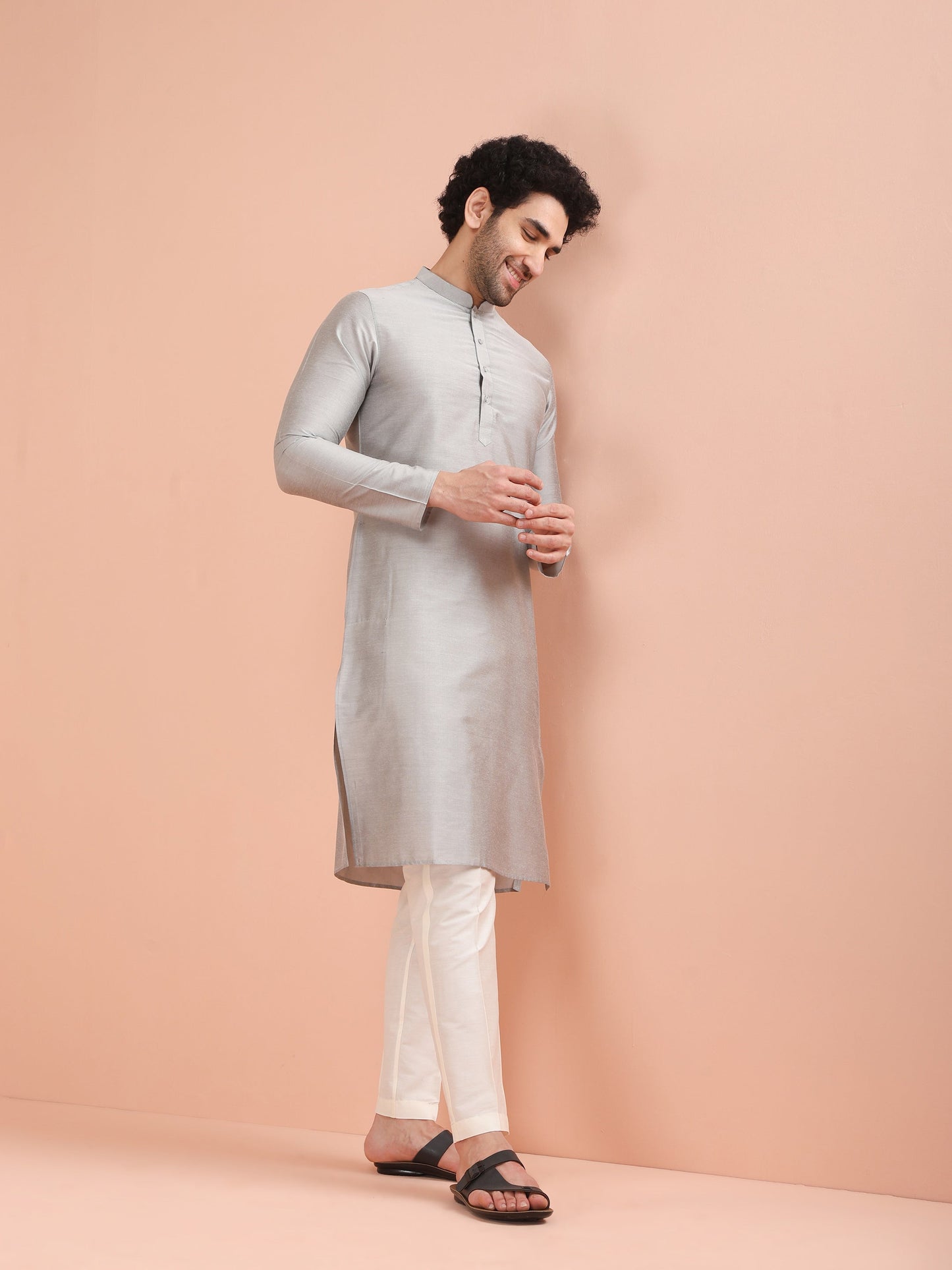 Men Grey Solid Kurta Trouser Set