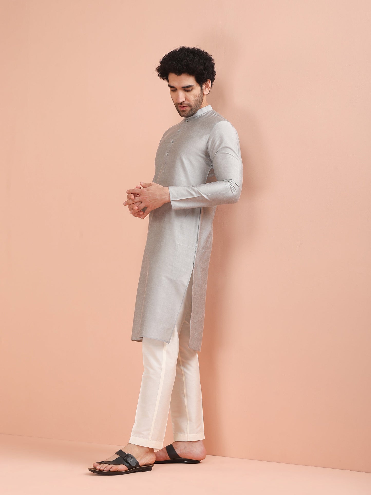 Men Grey Solid Kurta Trouser Set