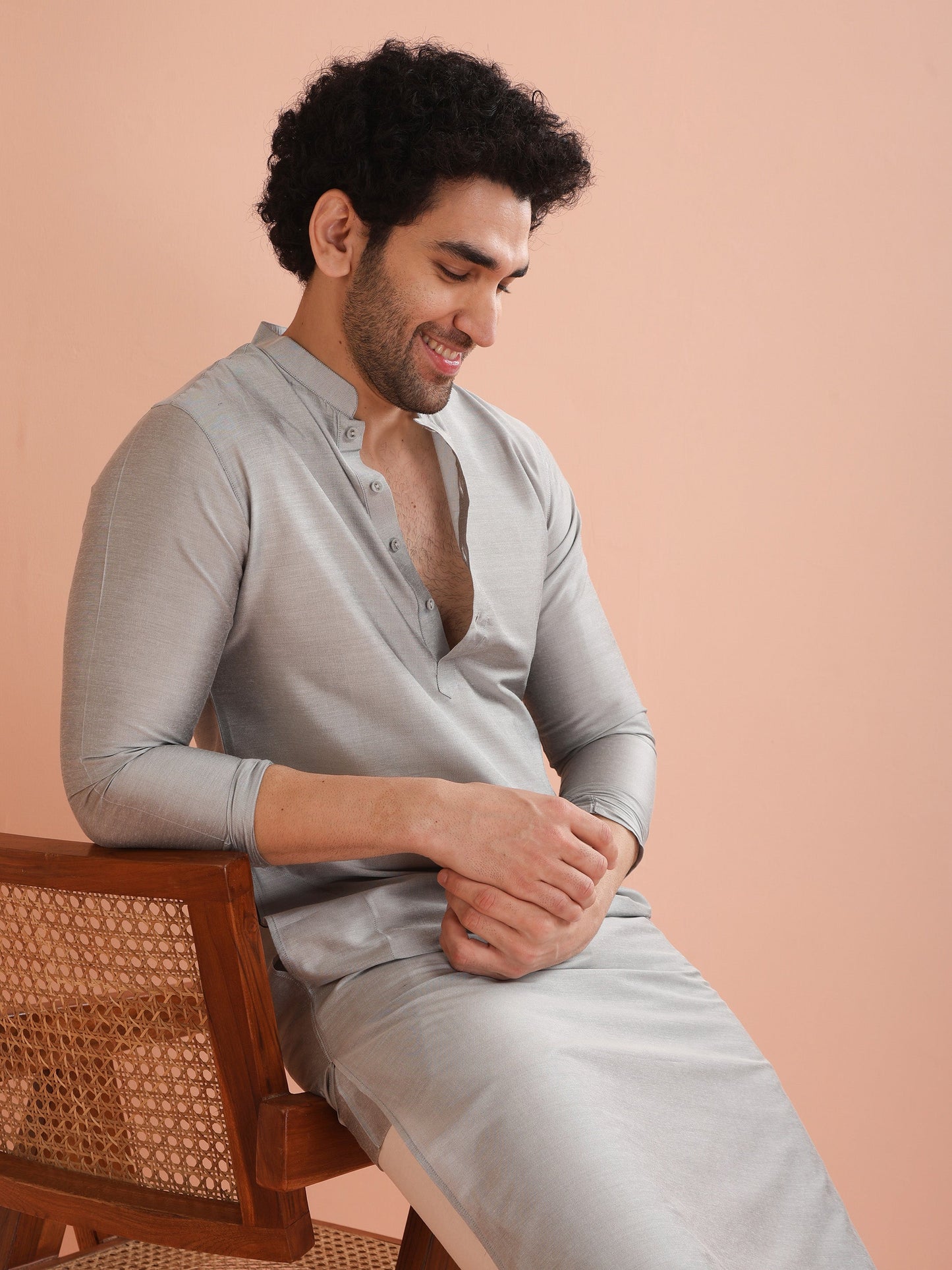 Men Grey Solid Kurta Trouser Set