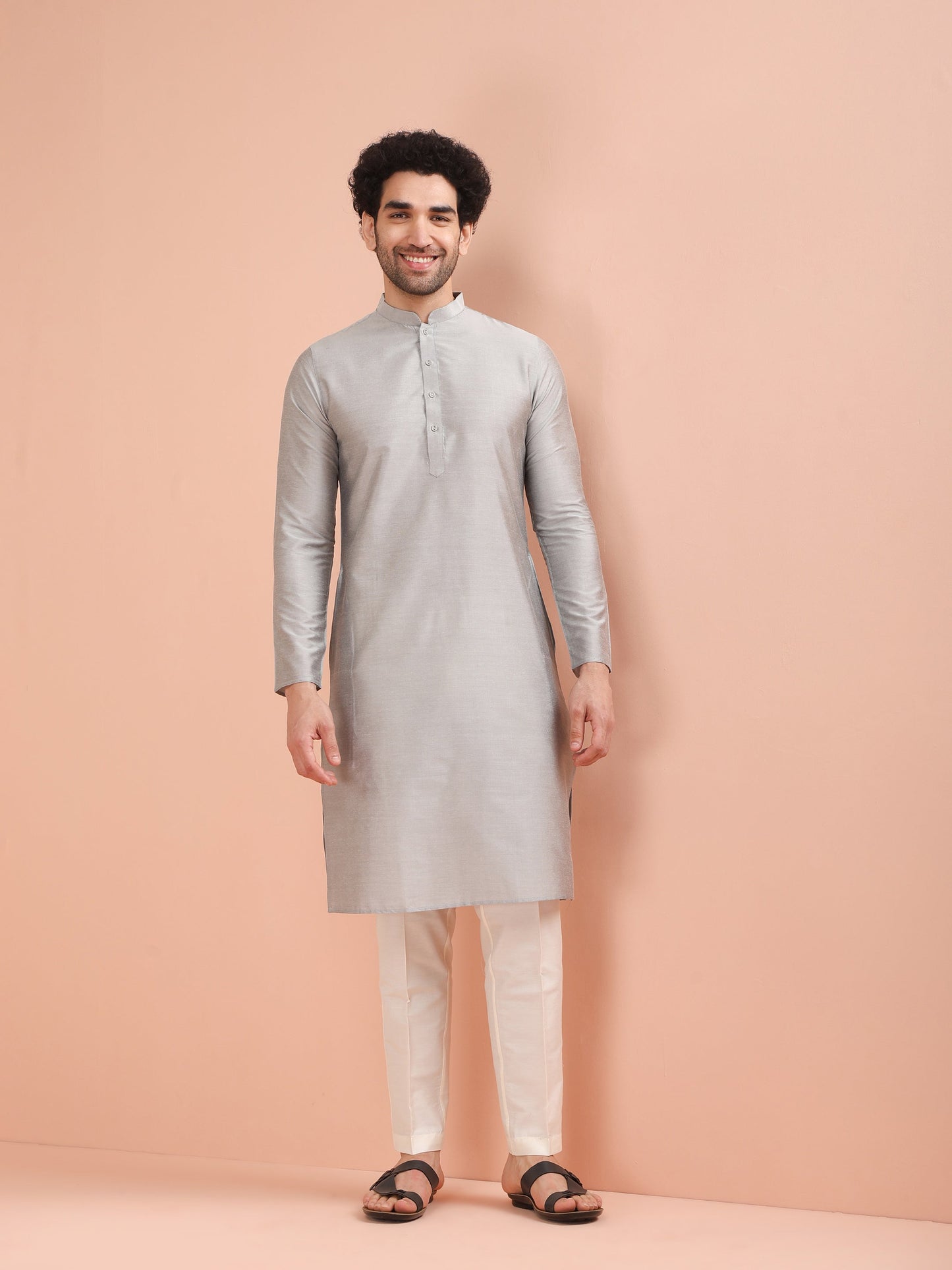 Men Grey Solid Kurta Trouser Set