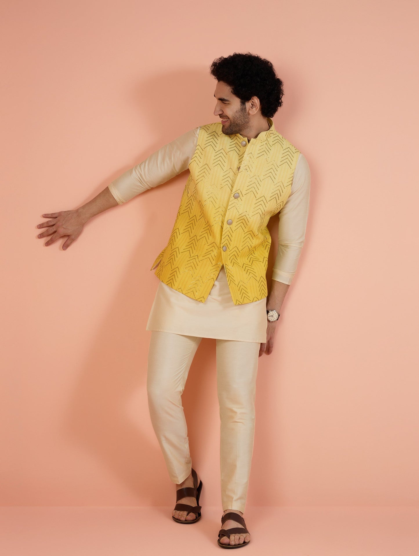 Men Yellow Embellished Kurta Nehru Jacket Trouser Set with Sequence