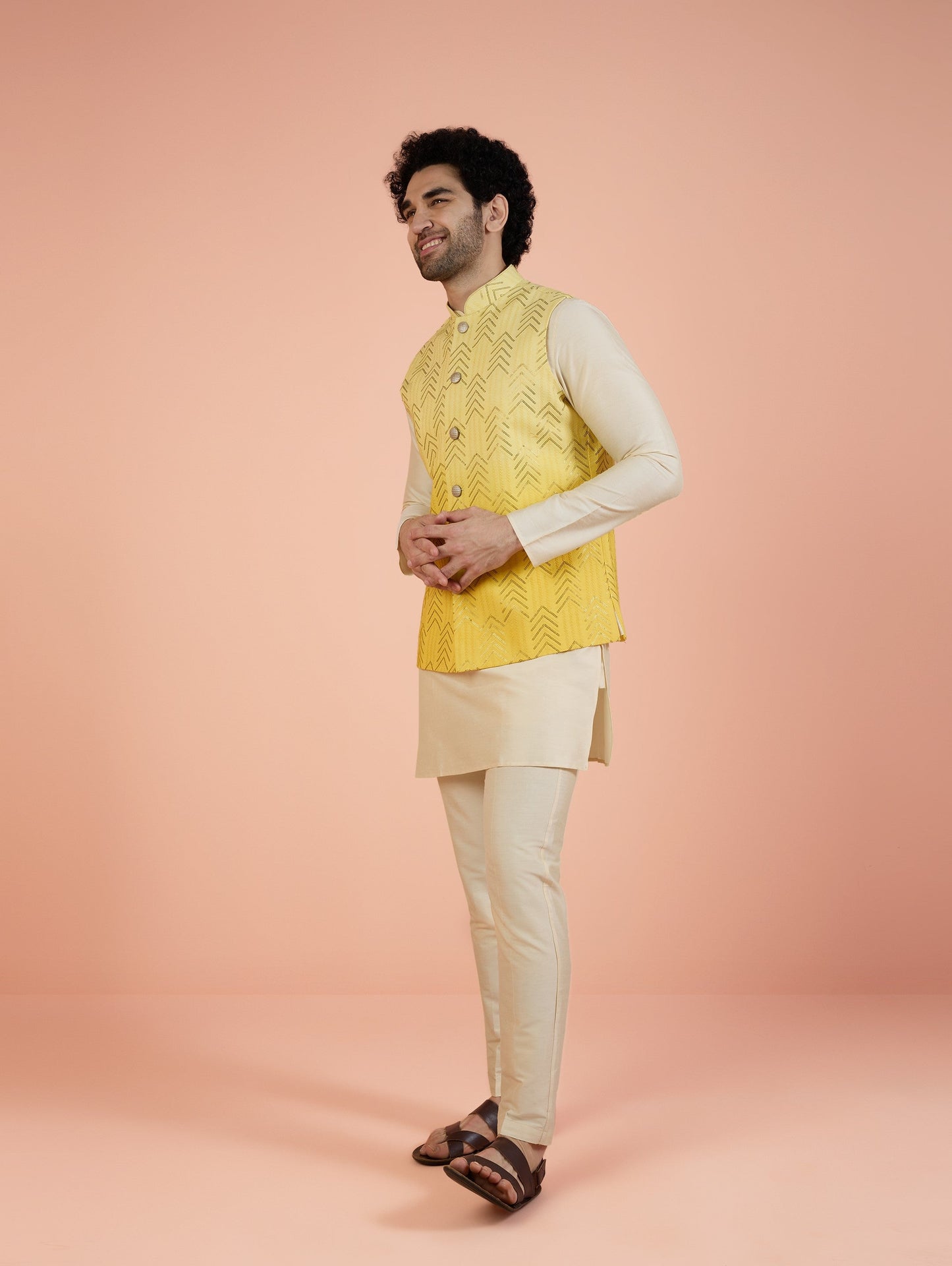 Men Yellow Embellished Kurta Nehru Jacket Trouser Set with Sequence