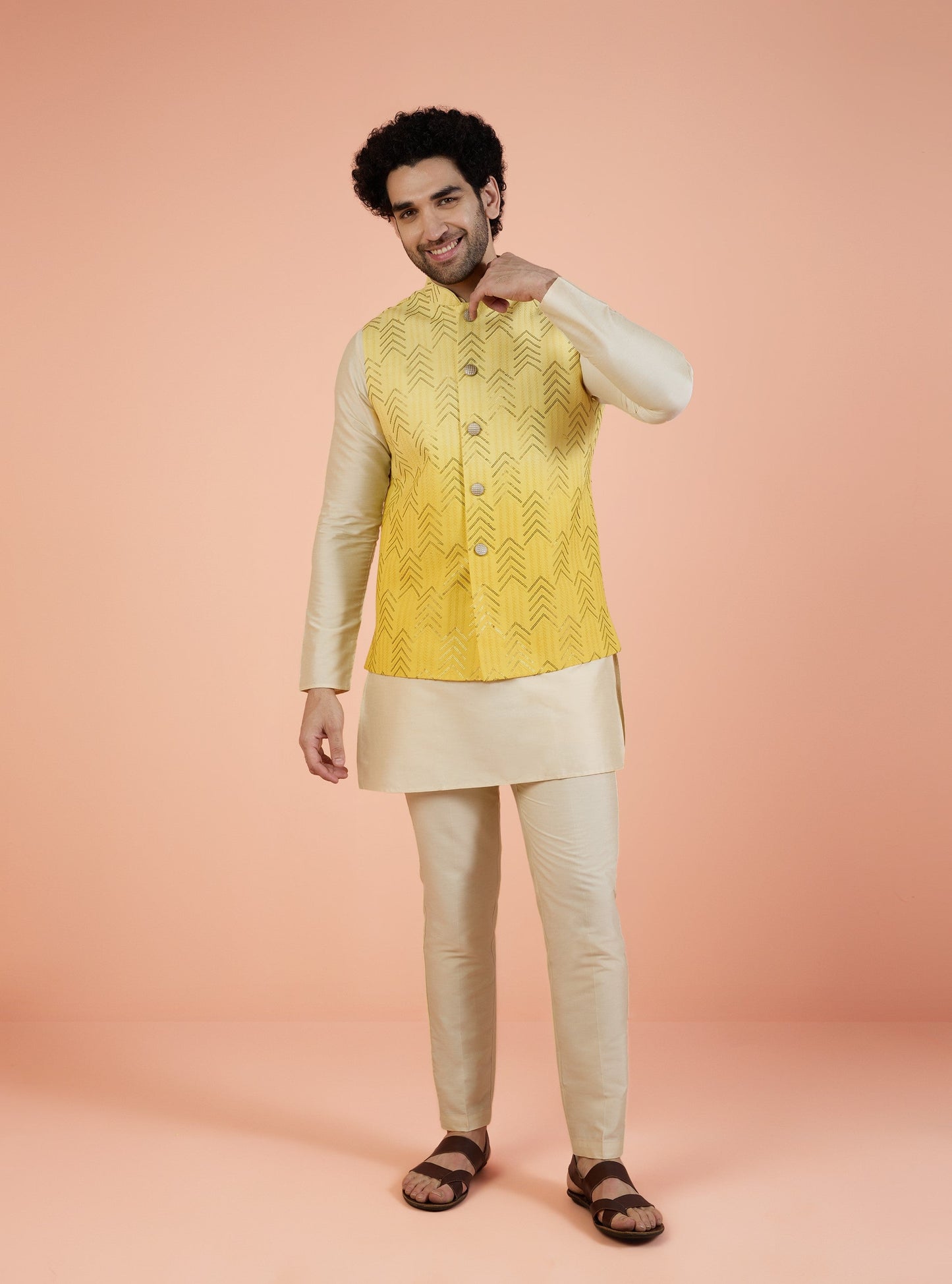 Men Yellow Embellished Kurta Nehru Jacket Trouser Set with Sequence