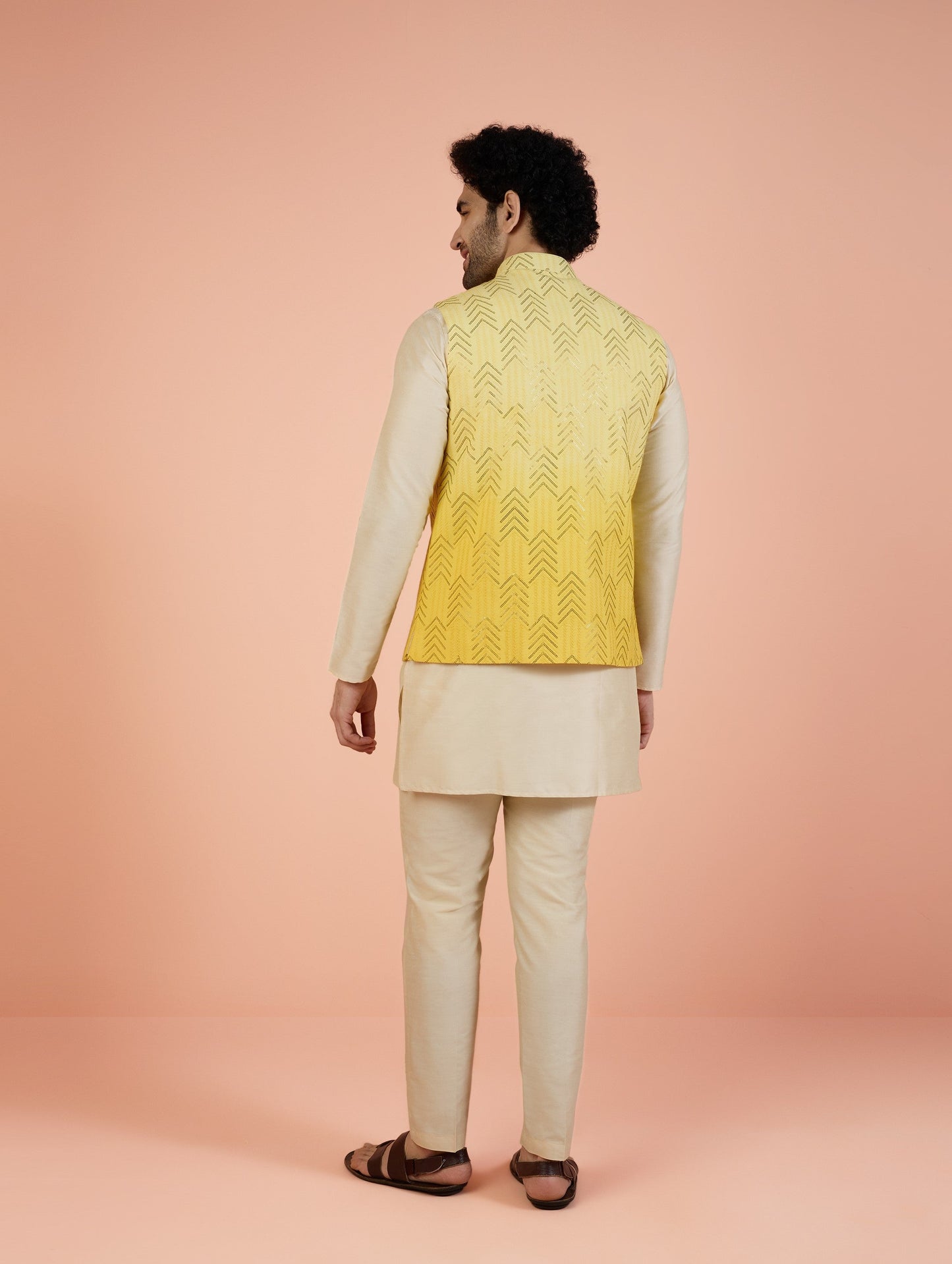 Men Yellow Embellished Kurta Nehru Jacket Trouser Set with Sequence