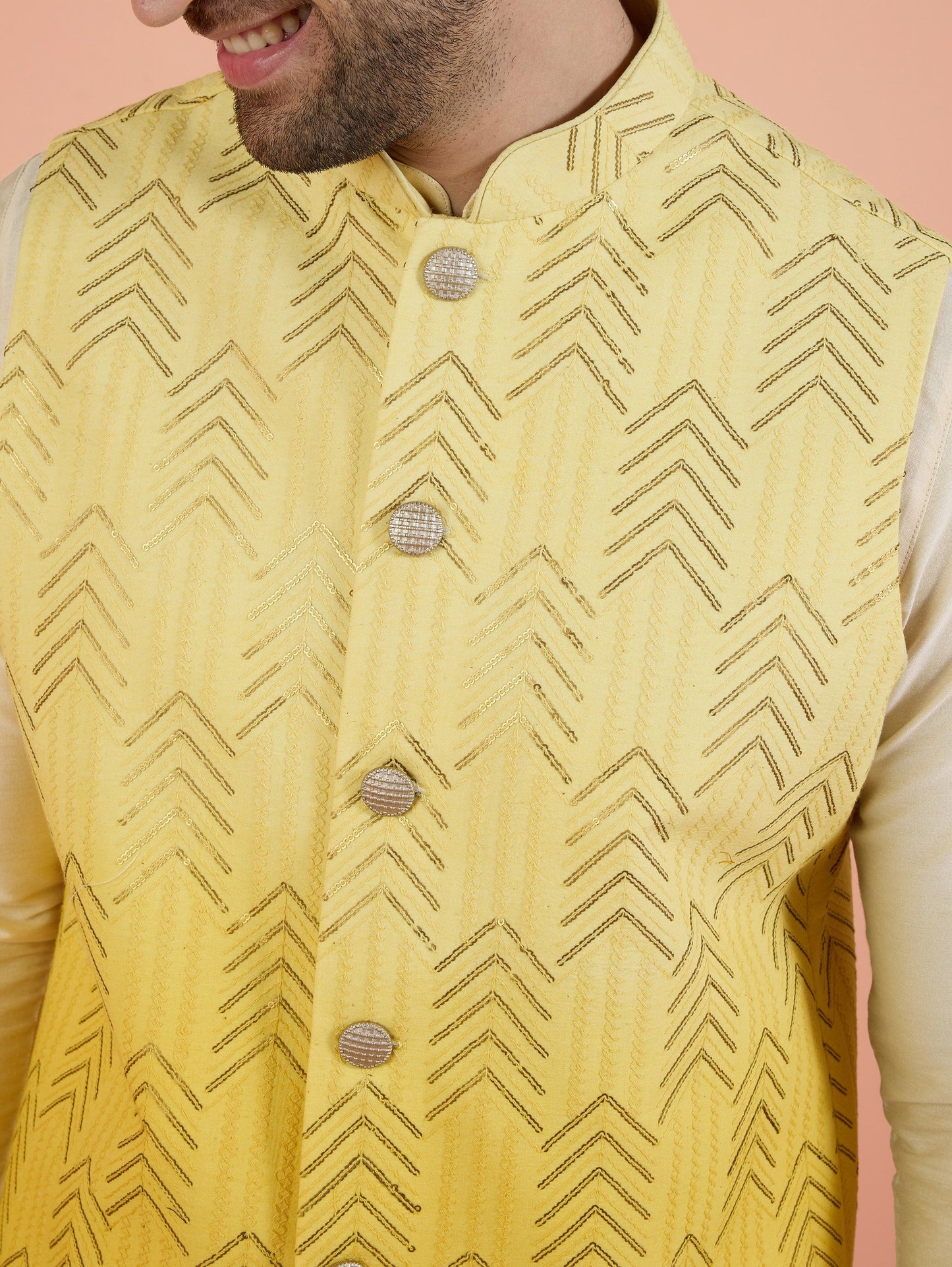 Men Yellow Embellished Kurta Nehru Jacket Trouser Set with Sequence