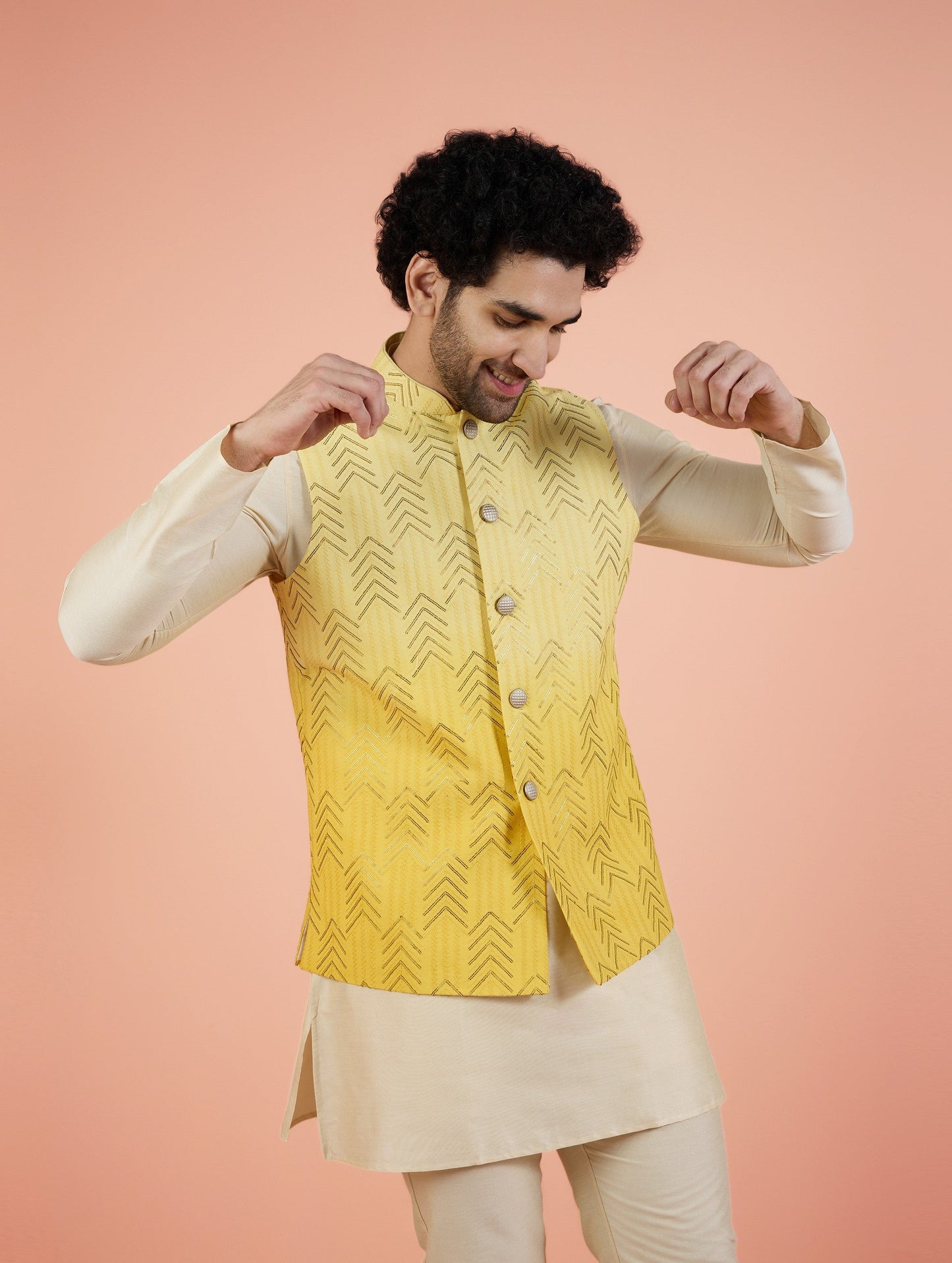 Men Yellow Embellished Kurta Nehru Jacket Trouser Set with Sequence