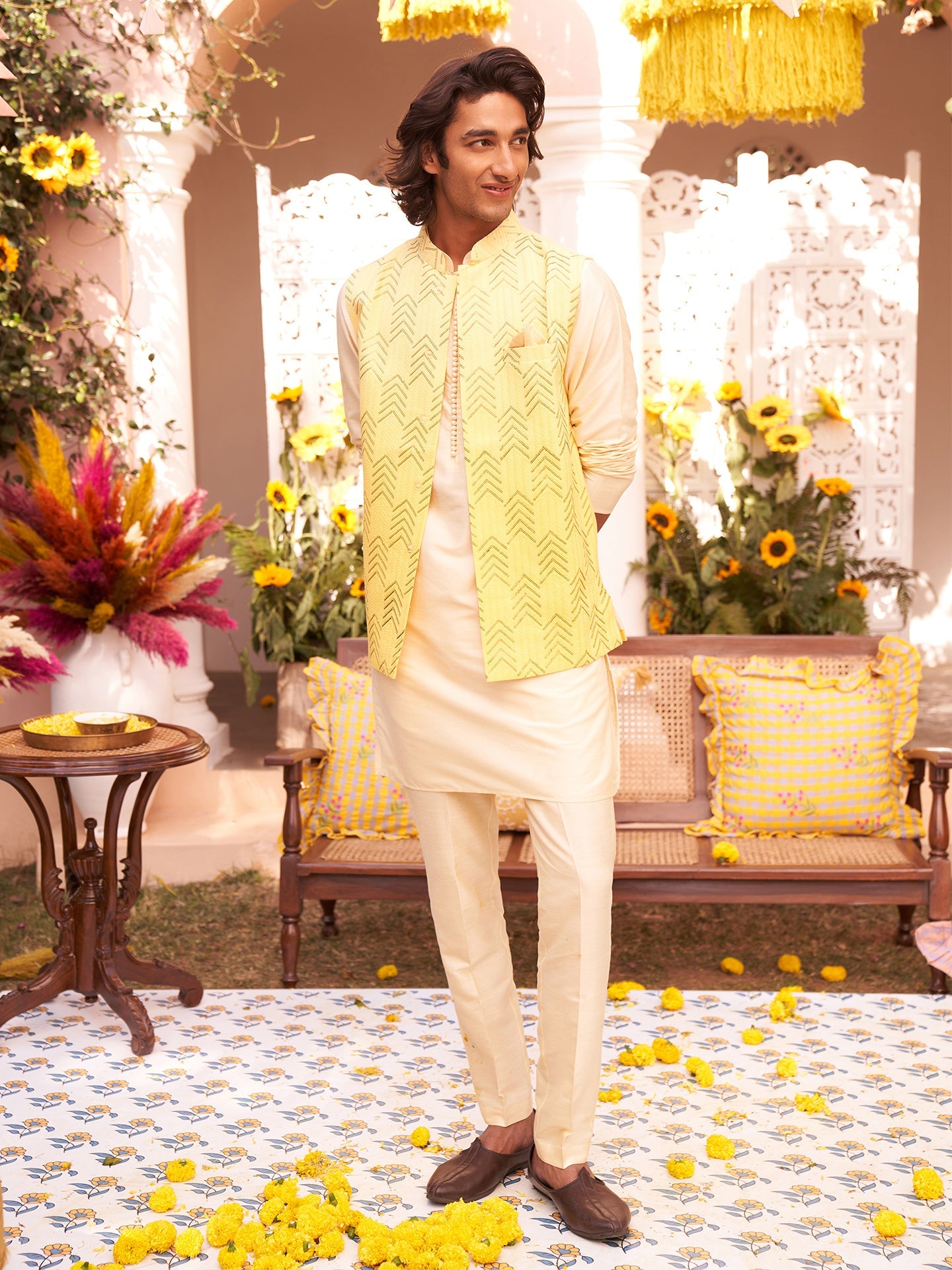 Men Yellow Embellished Kurta Nehru Jacket Trouser Set with Sequence