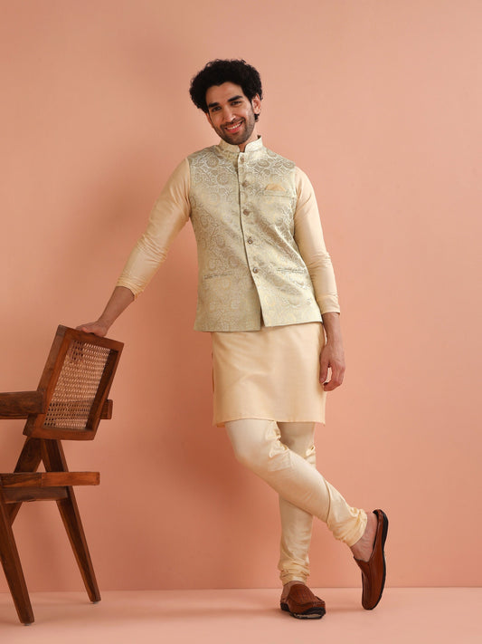 Men Cream Jacquard Kurta Jacket Churidar Set with Floral