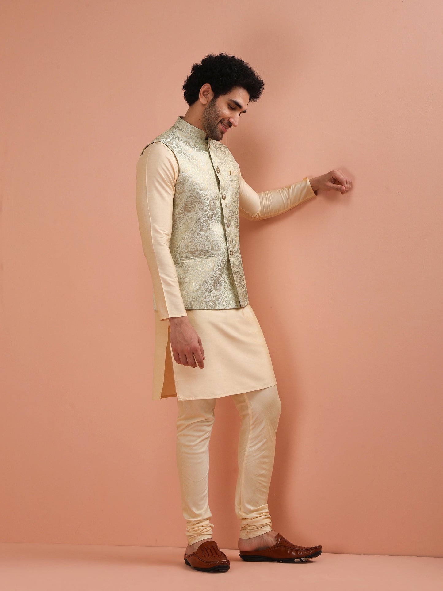 Men Cream Jacquard Kurta Jacket Churidar Set with Floral