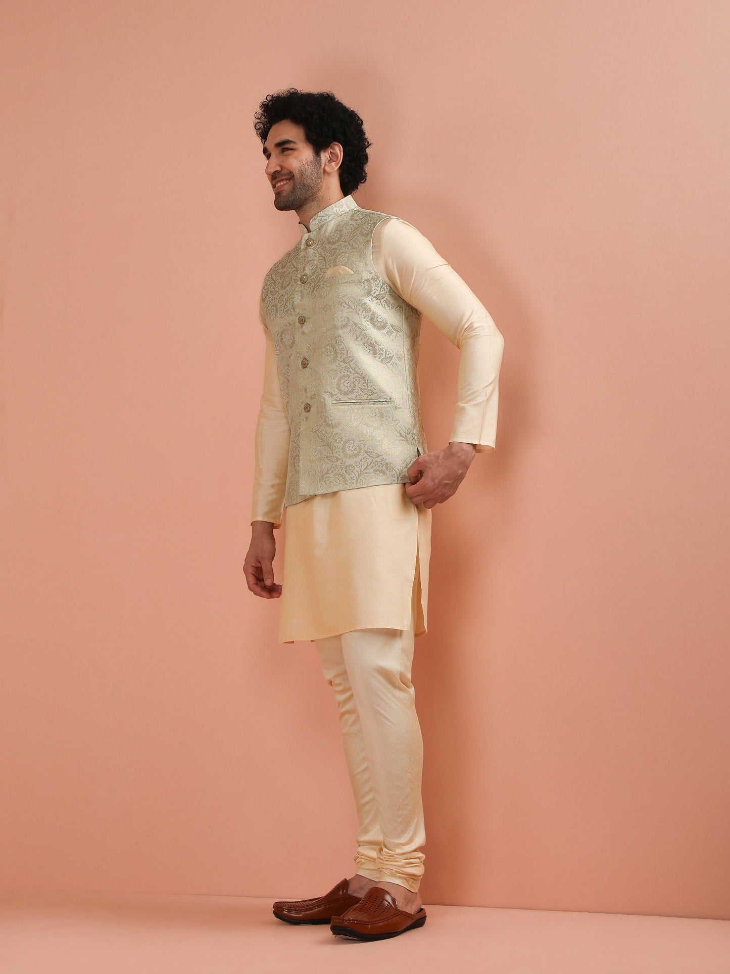 Men Cream Jacquard Kurta Jacket Churidar Set with Floral