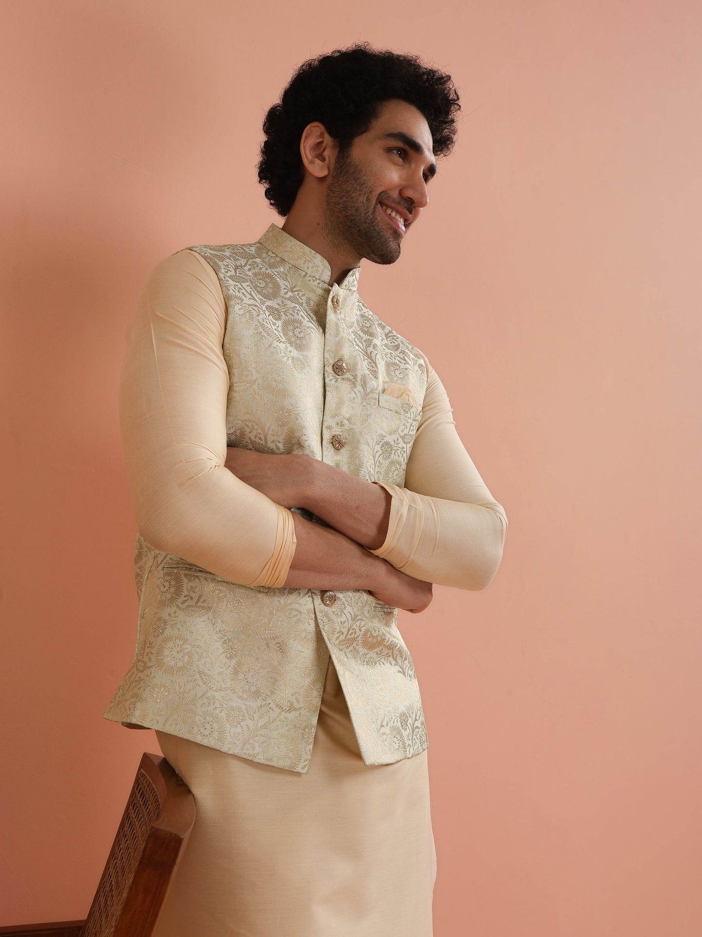 Men Cream Jacquard Kurta Jacket Churidar Set with Floral