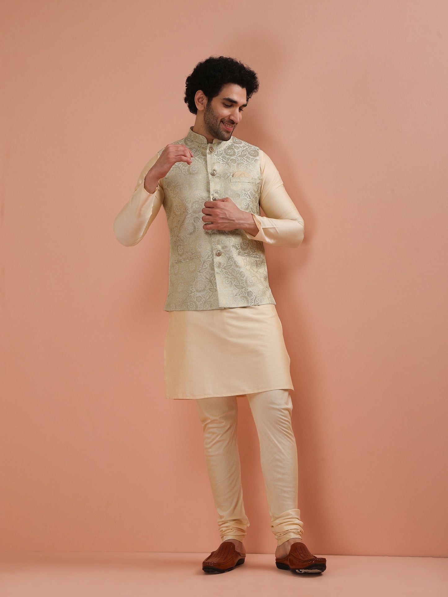 Men Cream Jacquard Kurta Jacket Churidar Set with Floral