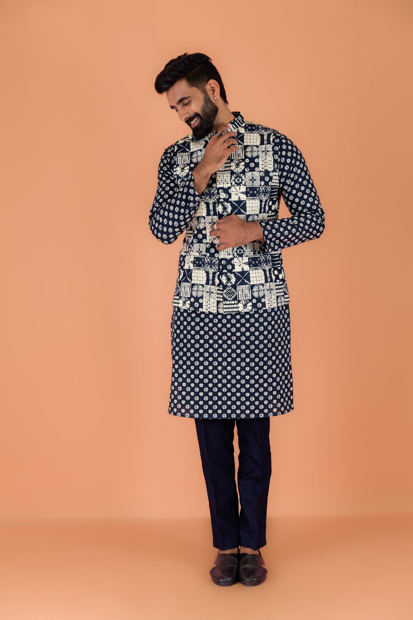 Men Navy Blue Printed Nehru Jacket