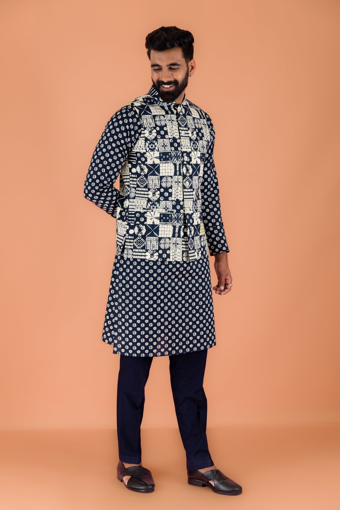 Men Navy Blue Printed Nehru Jacket