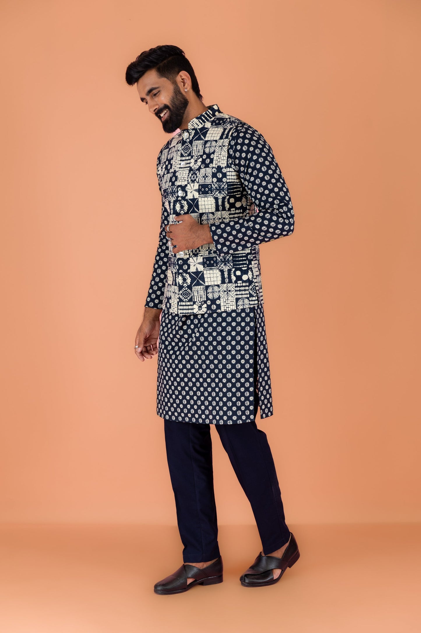 Men Navy Blue Printed Nehru Jacket