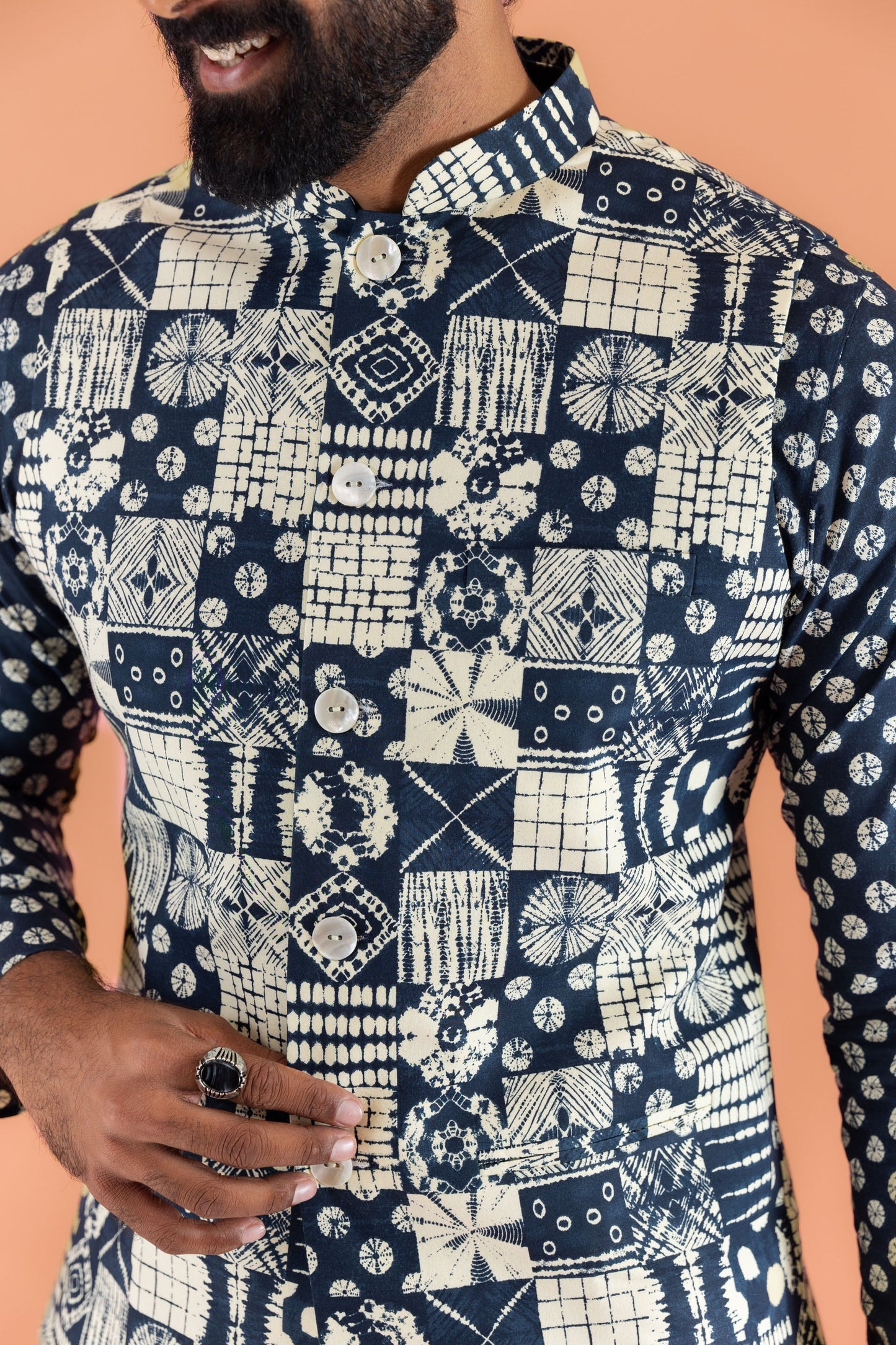 Men Navy Blue Printed Nehru Jacket