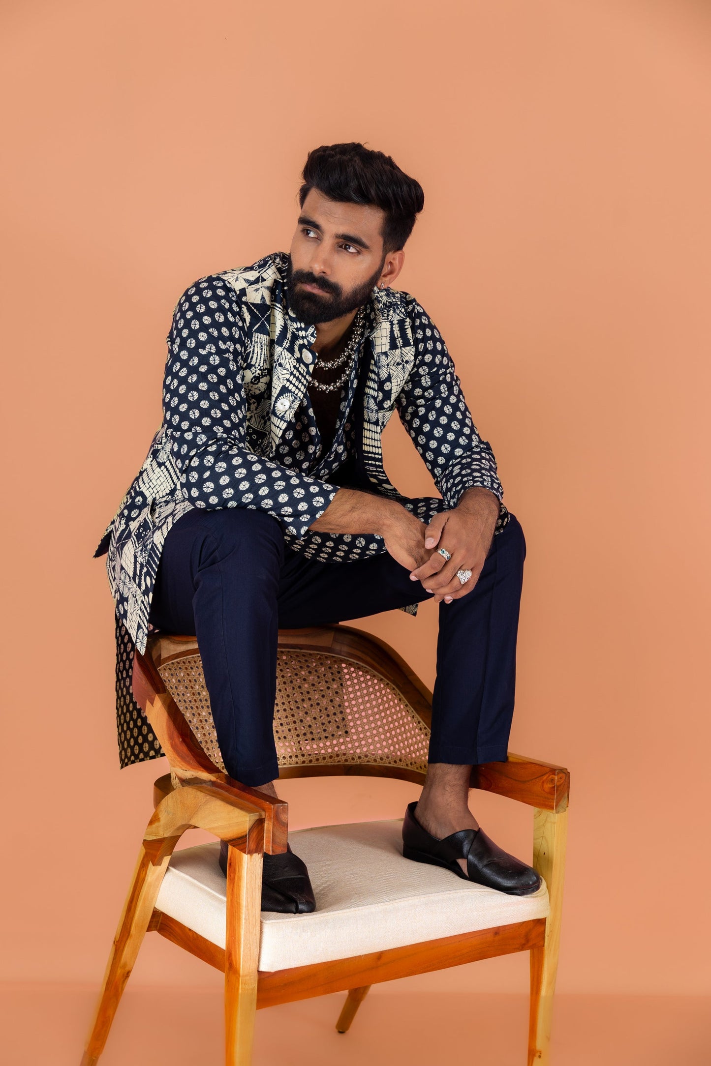 Men Navy Blue Printed Nehru Jacket