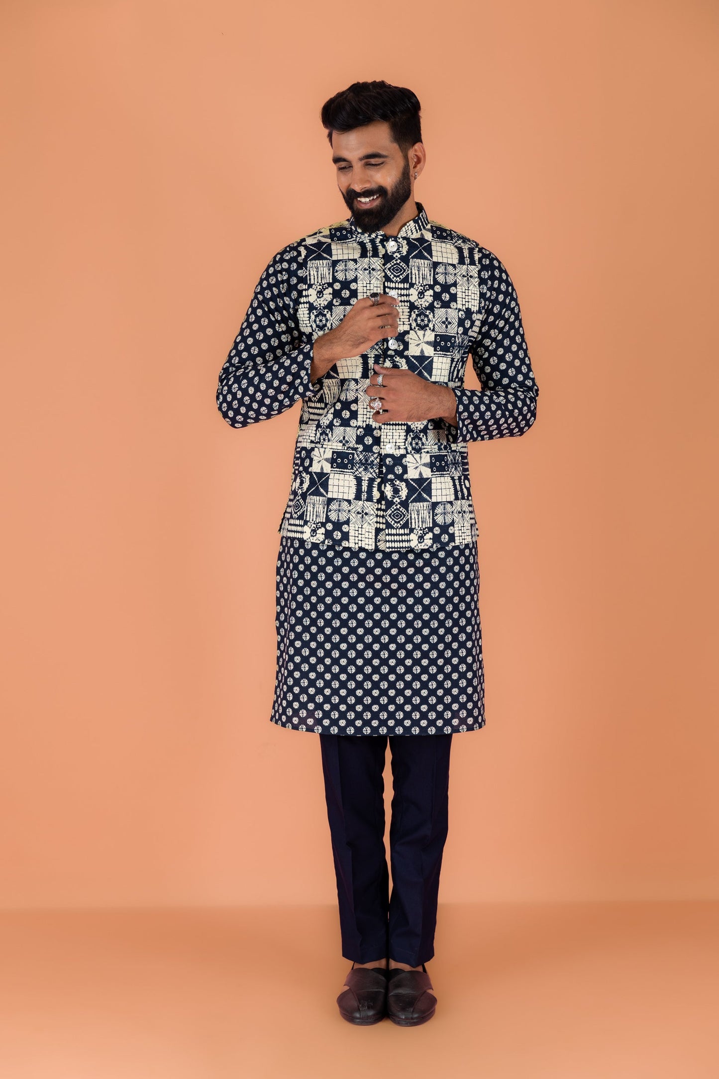 Men Navy Blue Printed Nehru Jacket