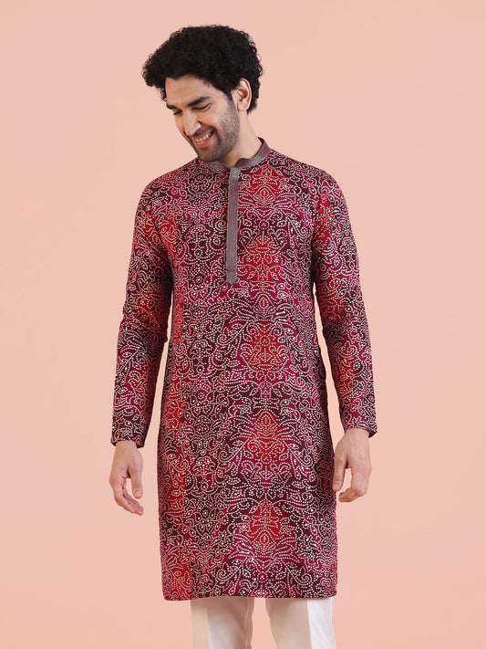 Men Magenta Printed Kurta with Bandhni