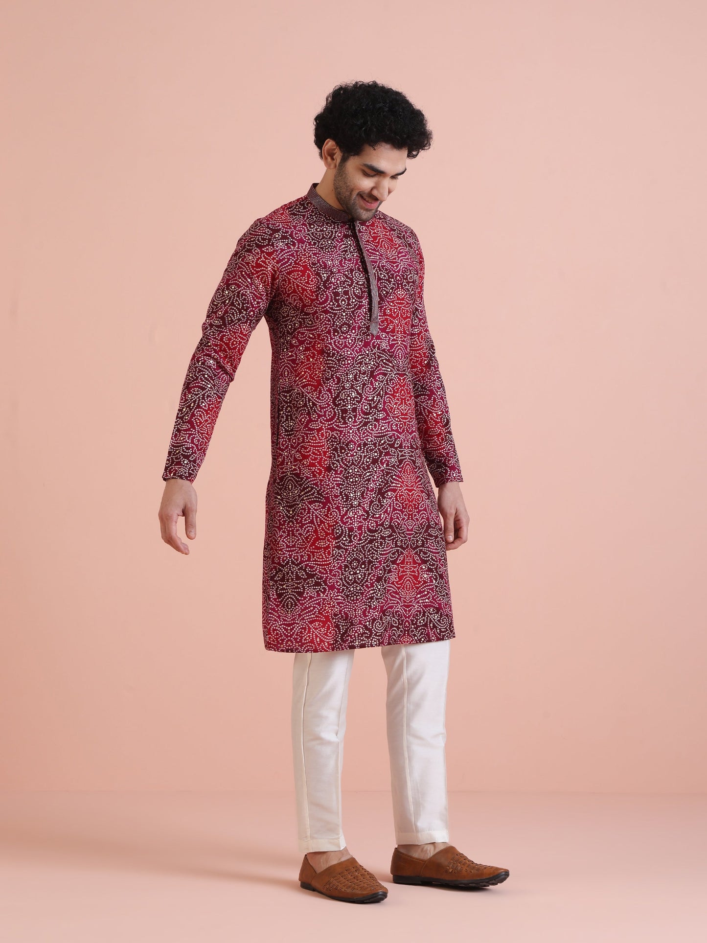 Men Magenta Printed Kurta with Bandhni