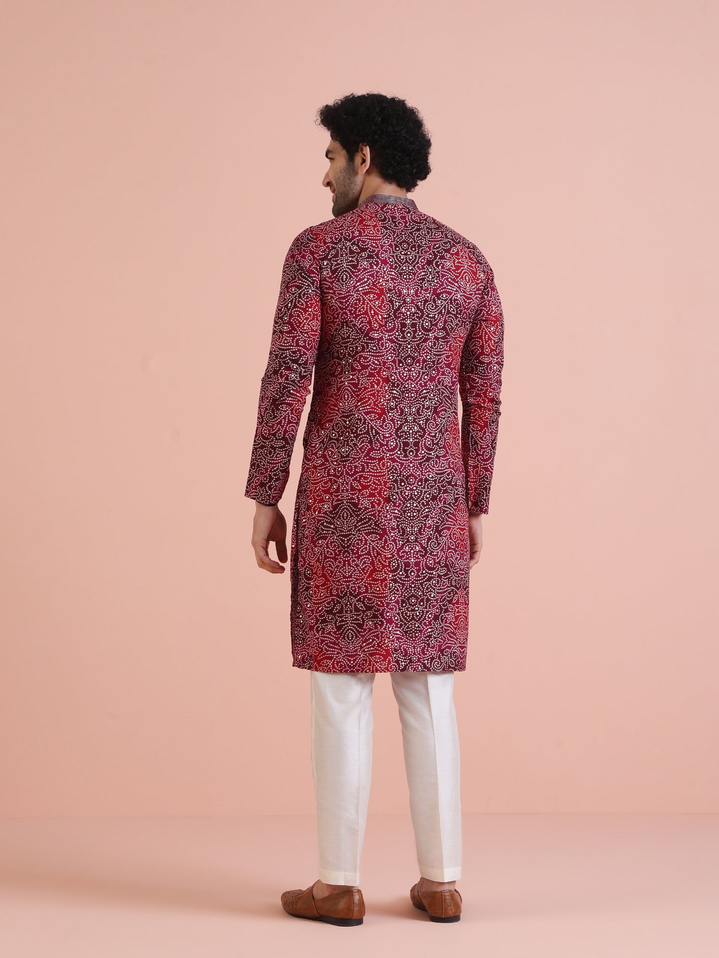 Men Magenta Printed Kurta with Bandhni